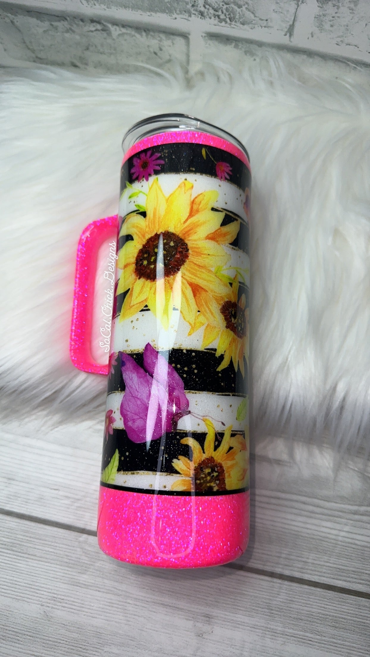 RTS {Stripes & Sunflowers Hot Pink} 20oz Skinny Handle