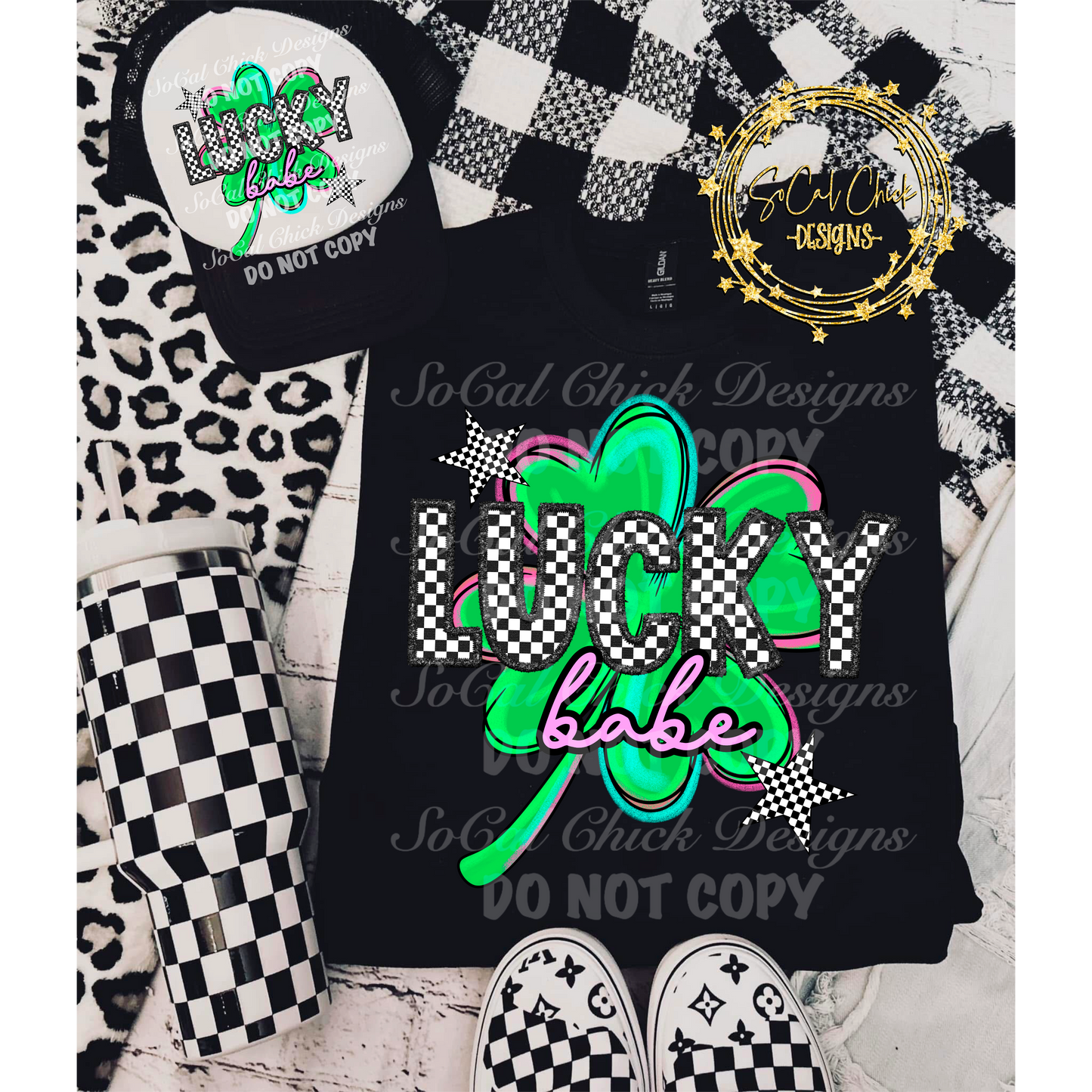 MTO {Lucky Babe -Faux Embroidery } Black or White Adult Shirt/Crewneck/Hoodie