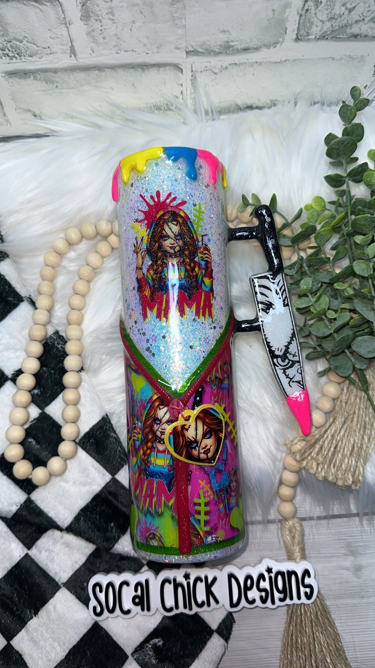 RTS {Horror Mama Chuck w Zipper & Charm, Knife Handle, Drip & Snowglobe Bottom} 32oz Skinny