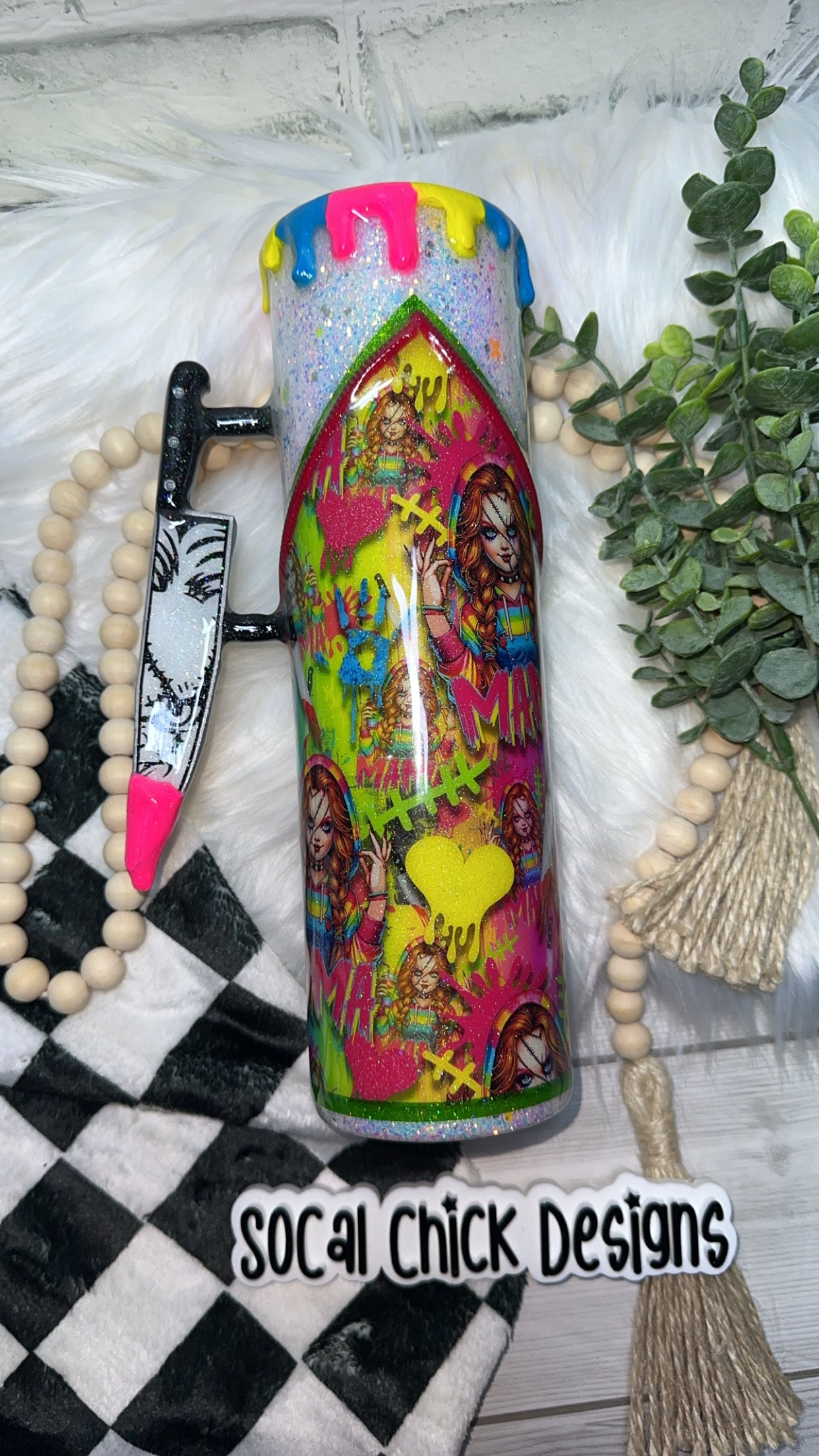 RTS {Horror Mama Chuck w Zipper & Charm, Knife Handle, Drip & Snowglobe Bottom} 32oz Skinny