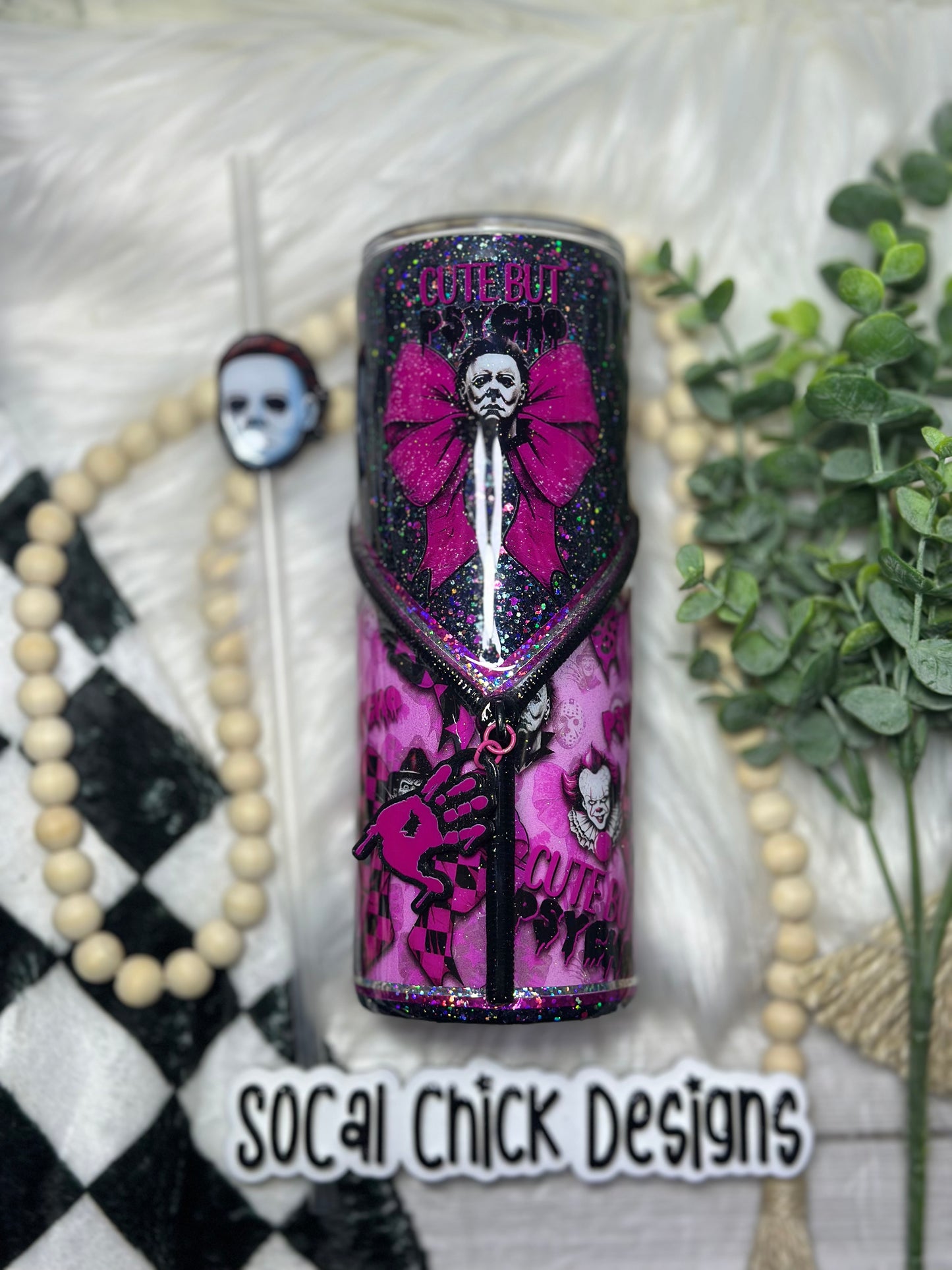 RTS {Cute But Psycho w Zipper & Charm & Snow Globe Bottom} 24oz Skinny
