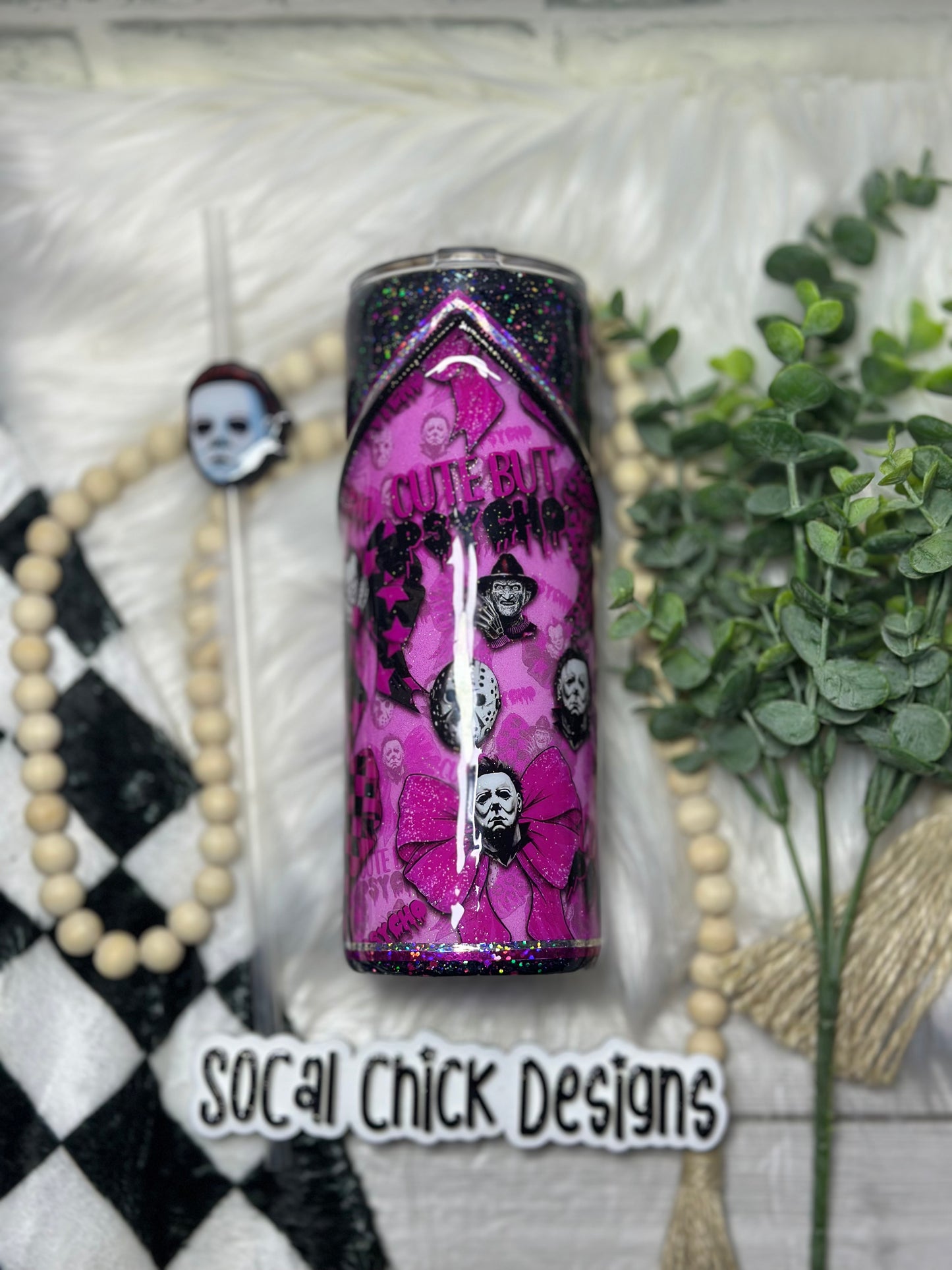 RTS {Cute But Psycho w Zipper & Charm & Snow Globe Bottom} 24oz Skinny