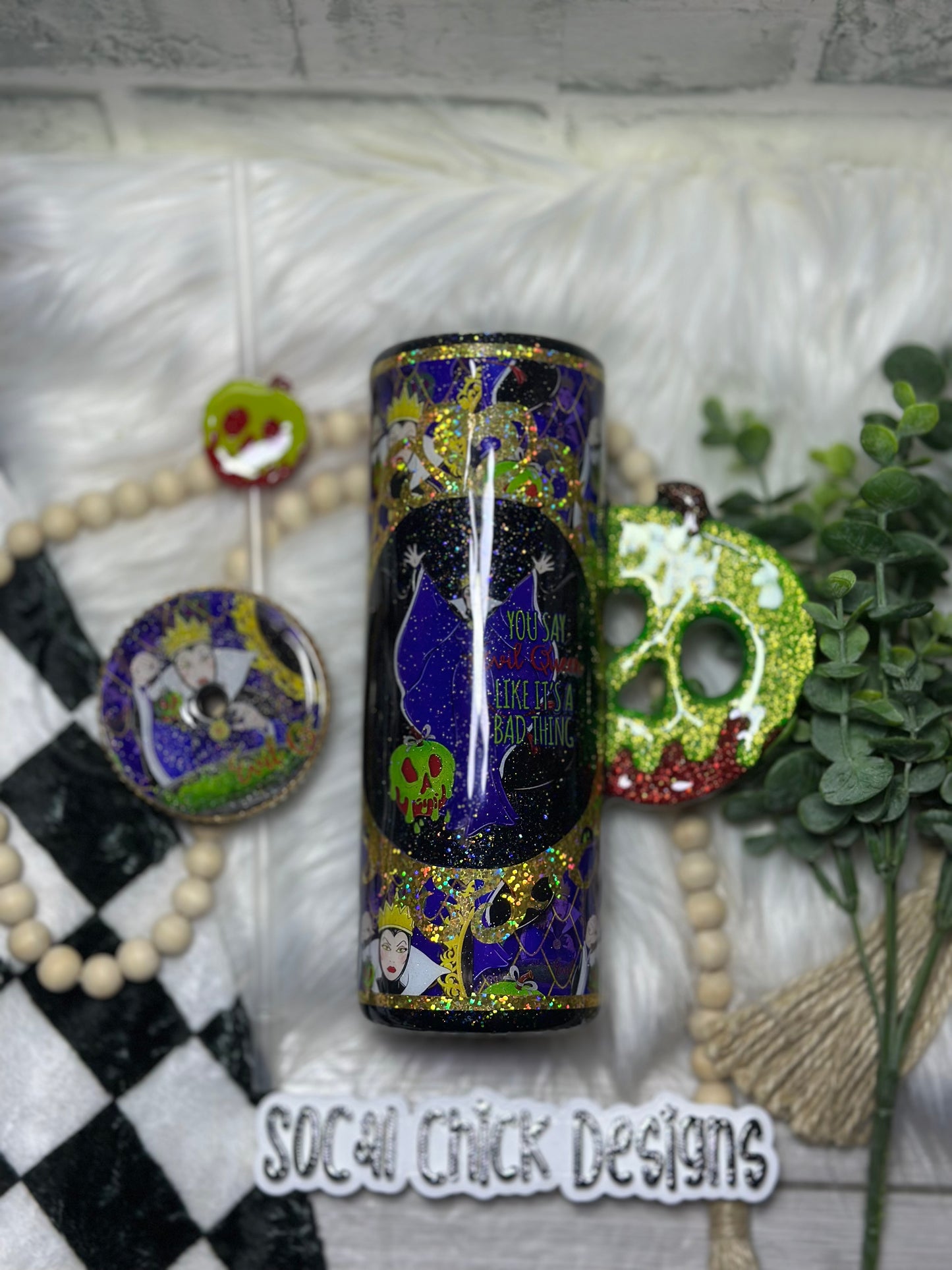 RTS {Mirror Mirror w Apple Handle & Rhinestone Lid} 20oz Skinny Slurp