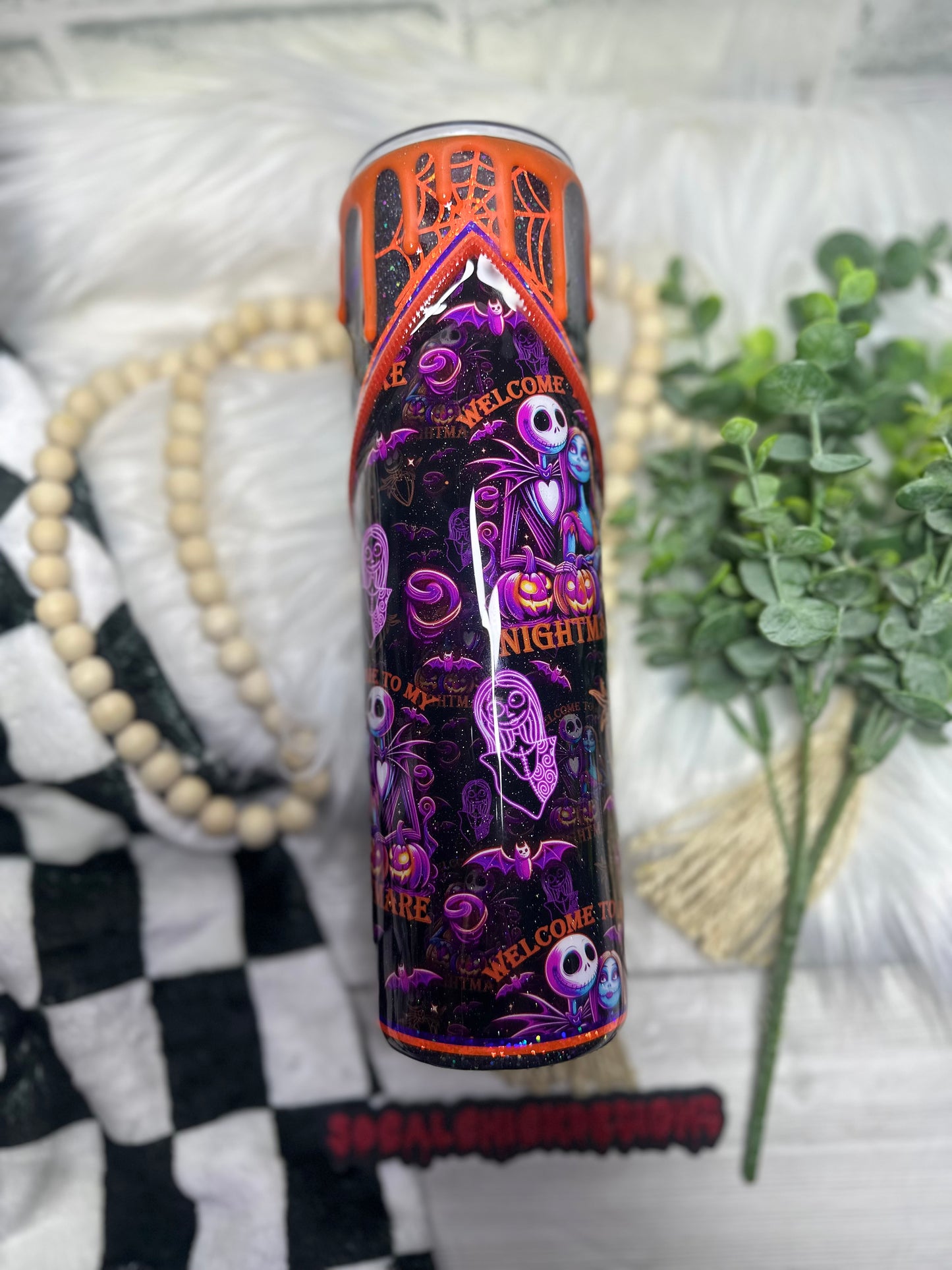 RTS {Welcome To My Nightmare w Zipper, Charm and Snow Globe Bottom} 32oz Skinny