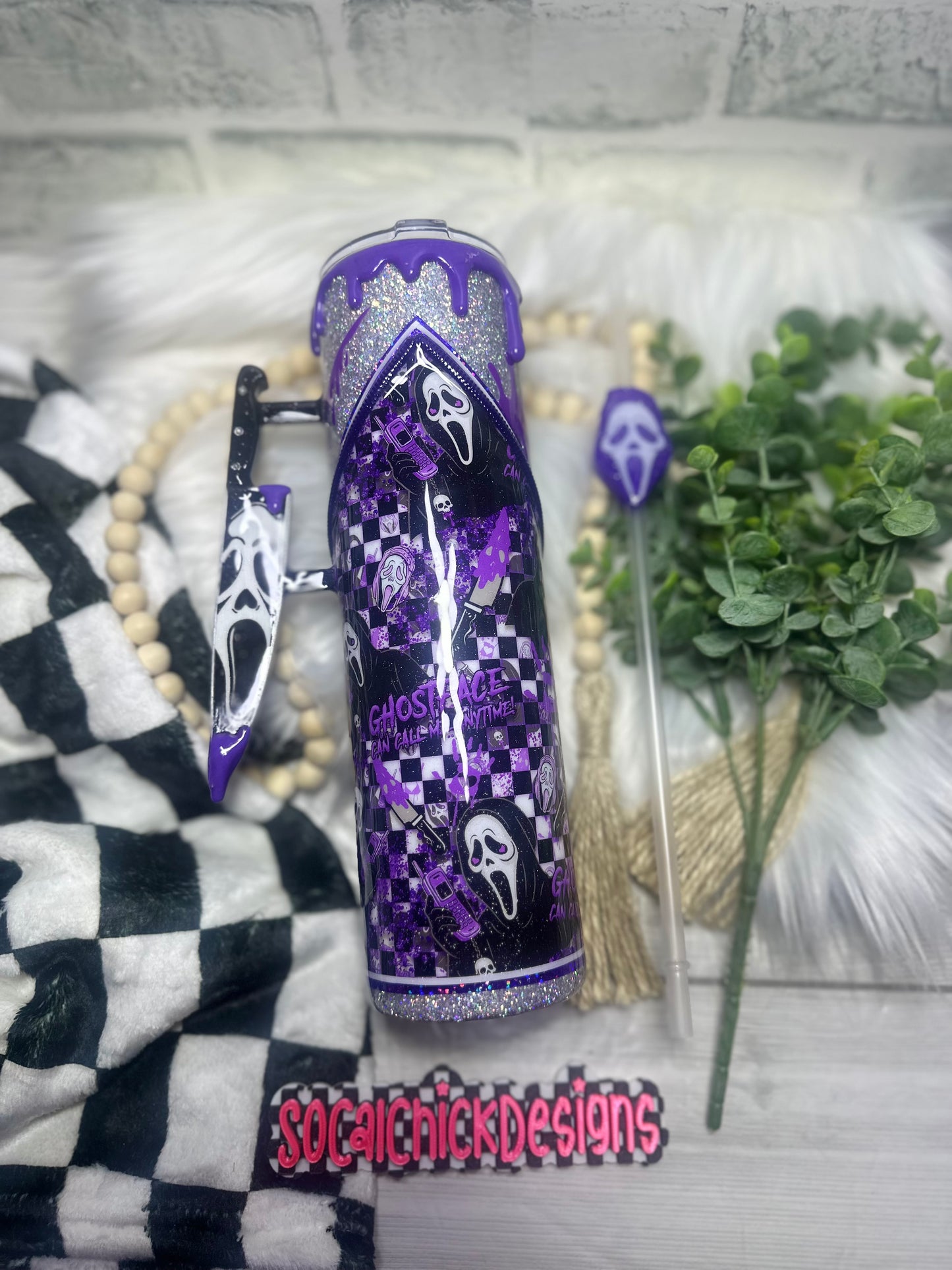 MTO {Purple GF Can Call Me Anytime with Zipper, Charm, Knife Handle & Snow Globe Bottom} Select Your Tumbler Style