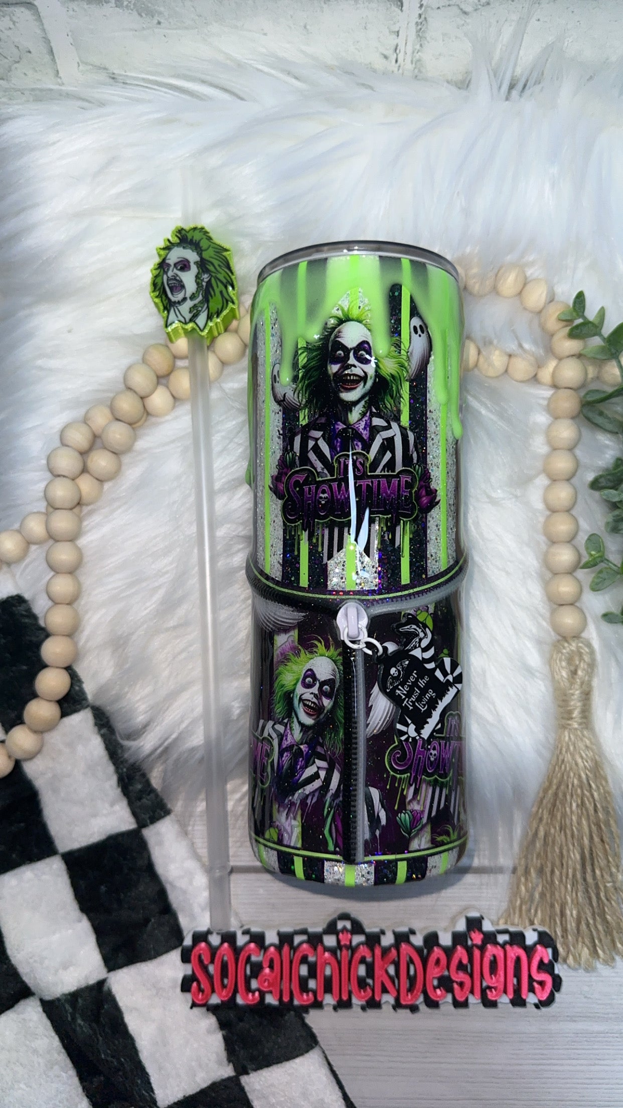 RTS {It's Showtime with Zipper, Charm and Snow Globe Bottom-GLOW} 24oz Skinny