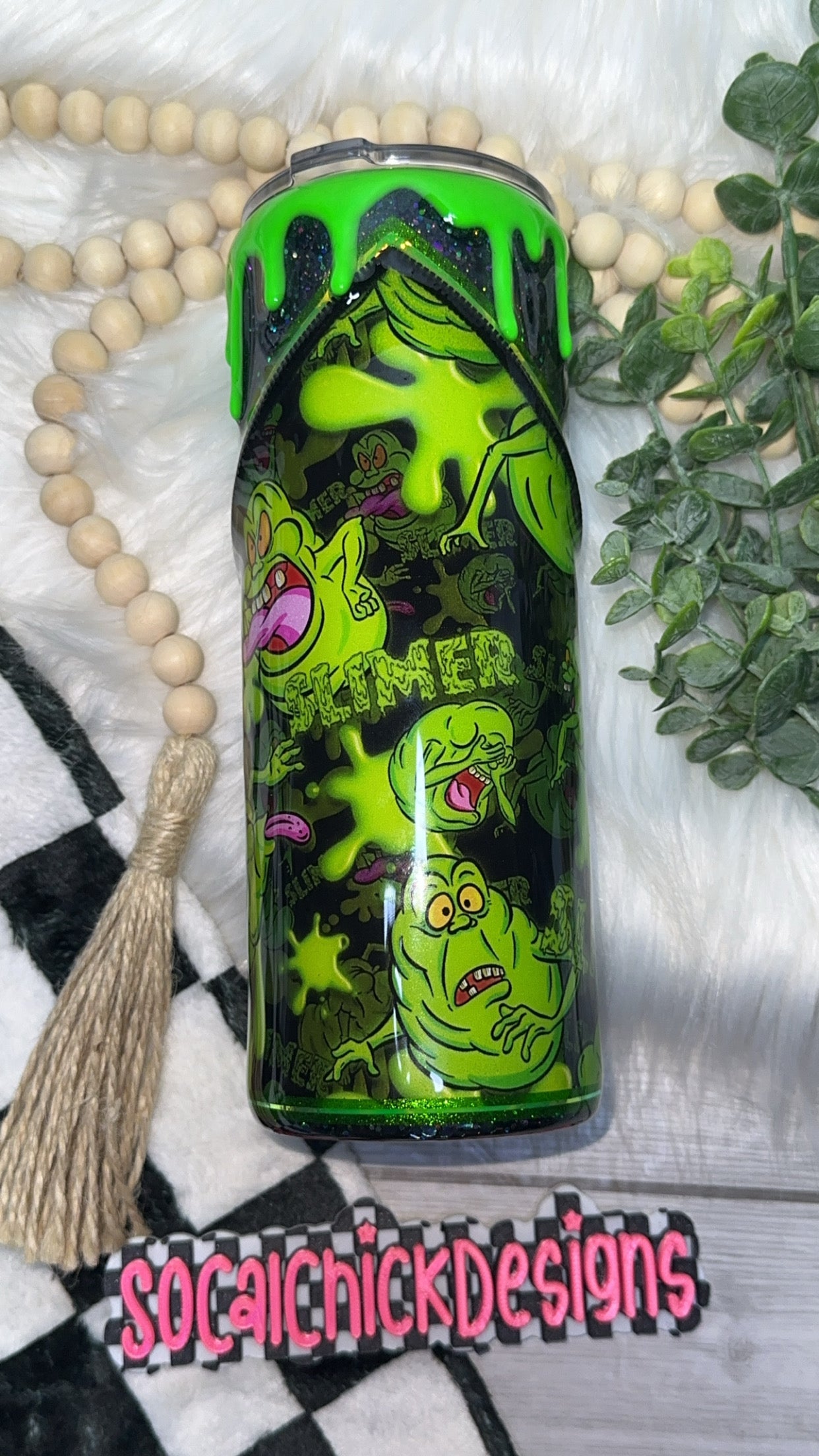 RTS {Glow- Slime Ghost with Zipper, Charm, Snow Globe Bottom and Drip} 24oz Skinny