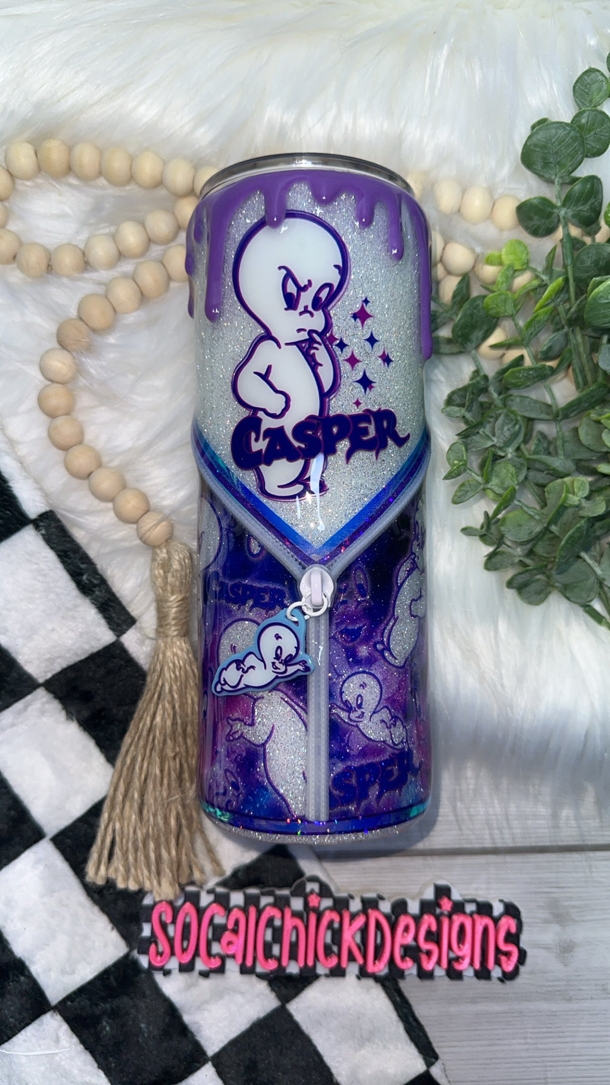 RTS {Glow- Friendly Ghost with Zipper, Charm, Snow Globe Bottom and Drip} 24oz Skinny