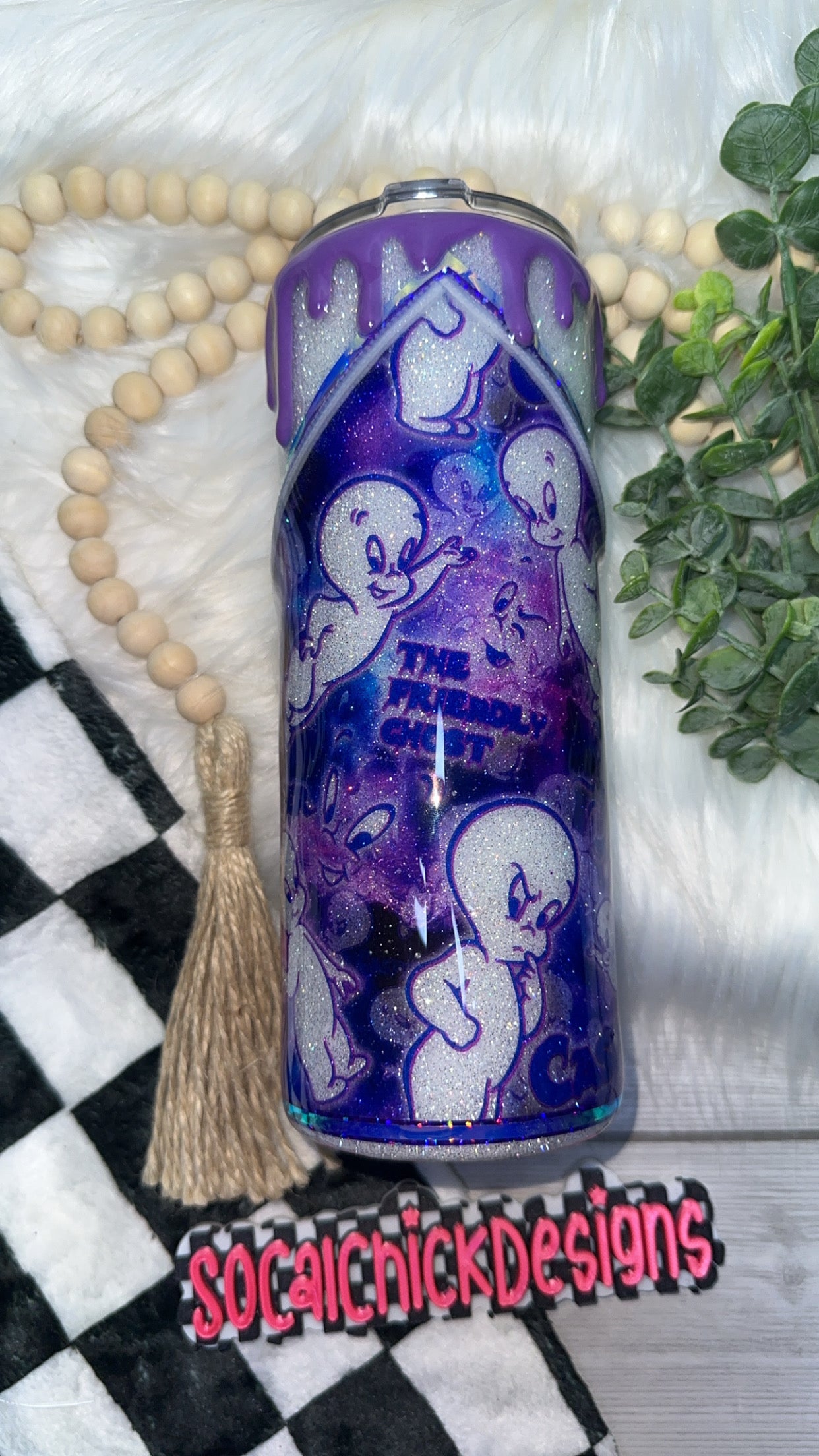 RTS {Glow- Friendly Ghost with Zipper, Charm, Snow Globe Bottom and Drip} 24oz Skinny
