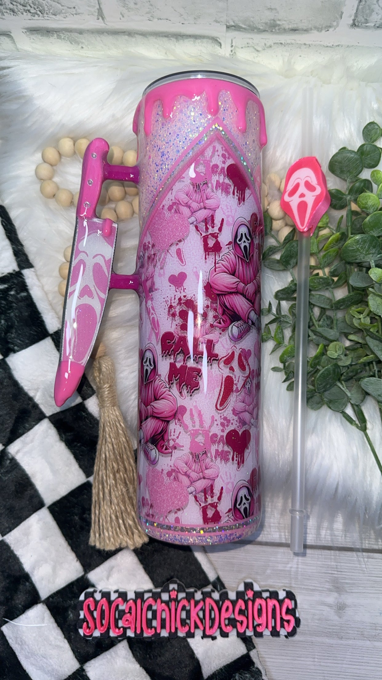 RTS {PINK Call Me w Zipper, Charm, Snow Globe Bottom, Drip & Knife Element } 32oz Skinny