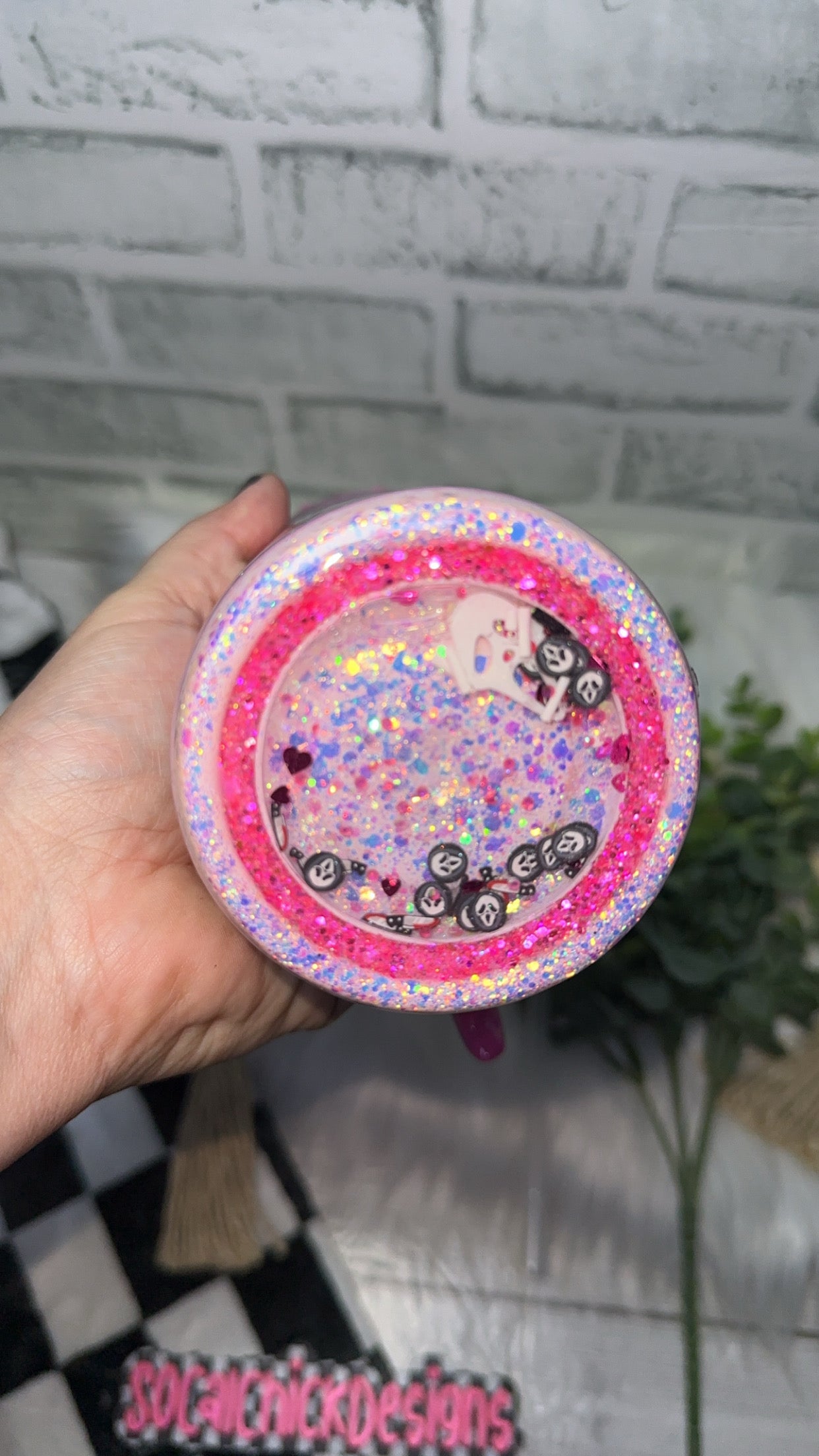 RTS {PINK Call Me w Zipper, Charm, Snow Globe Bottom, Drip & Knife Element } 32oz Skinny