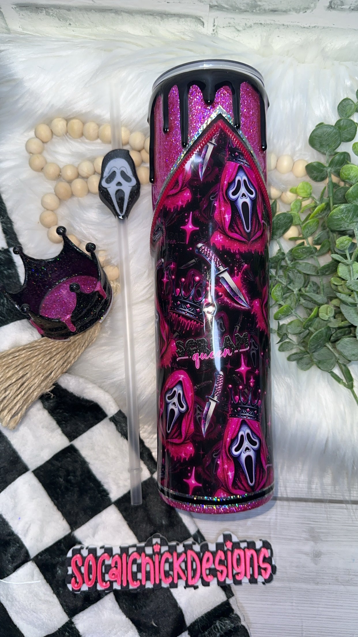 RTS {Scream Queen with Zipper, Charm, Snow Globe Bottom & Crown Lid Topper} 30oz Skinny