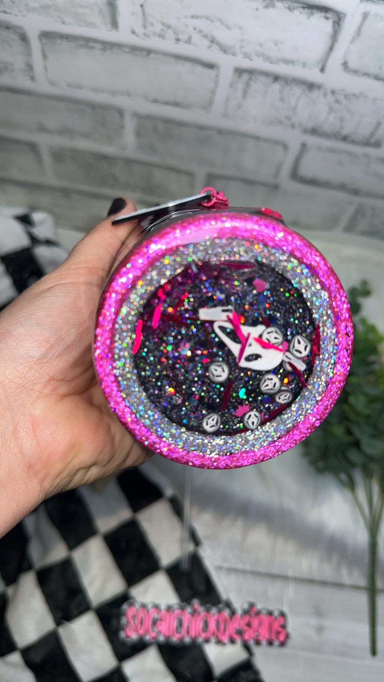 RTS {Scream Queen with Zipper, Charm, Snow Globe Bottom & Crown Lid Topper} 30oz Skinny