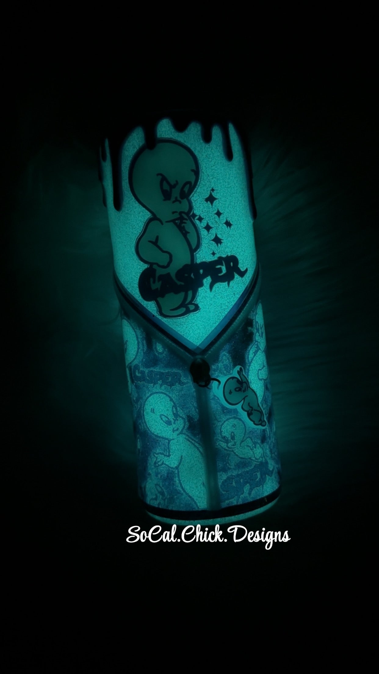 RTS {Glow- Friendly Ghost with Zipper, Charm, Snow Globe Bottom and Drip} 24oz Skinny