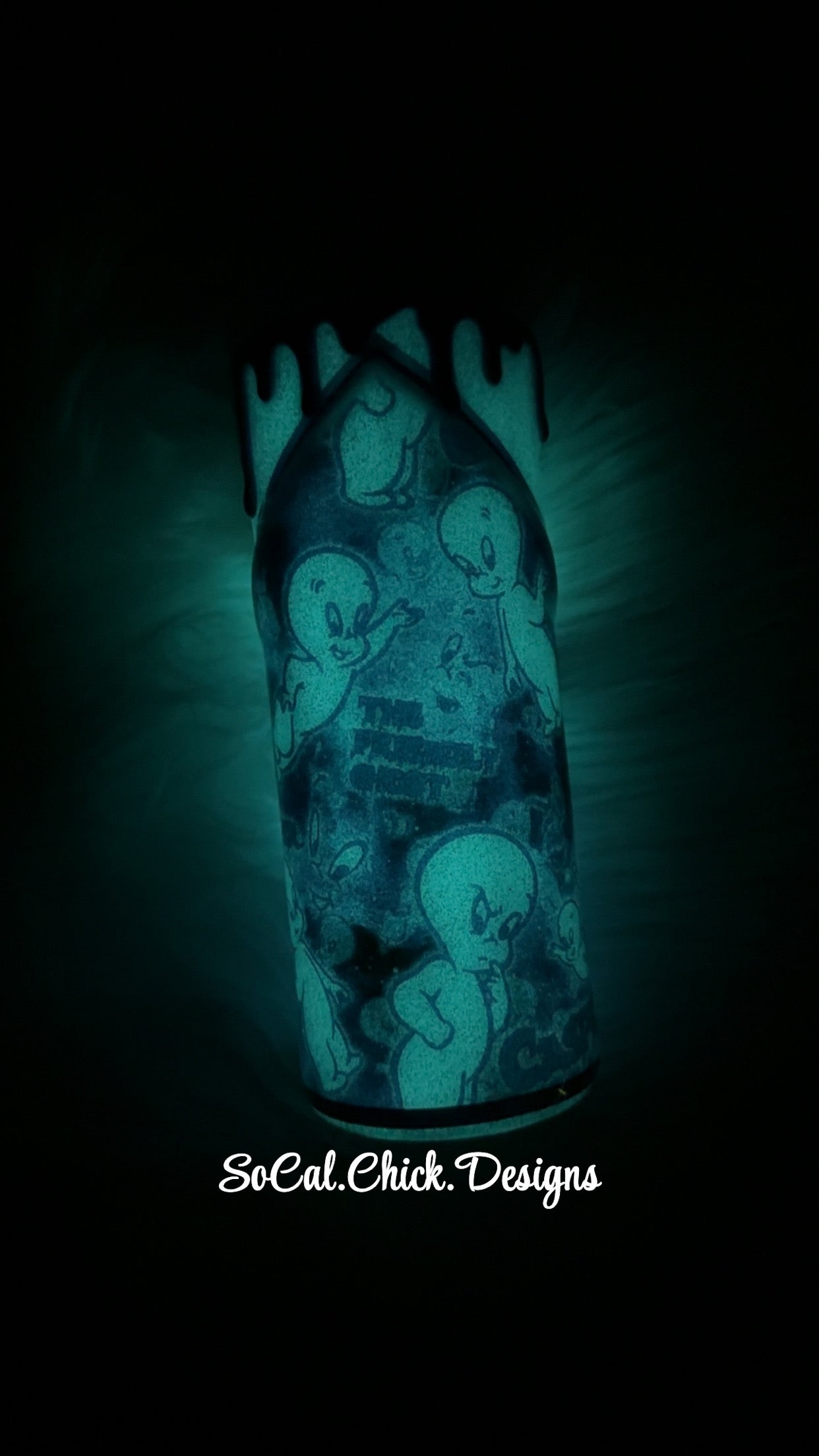 RTS {Glow- Friendly Ghost with Zipper, Charm, Snow Globe Bottom and Drip} 24oz Skinny