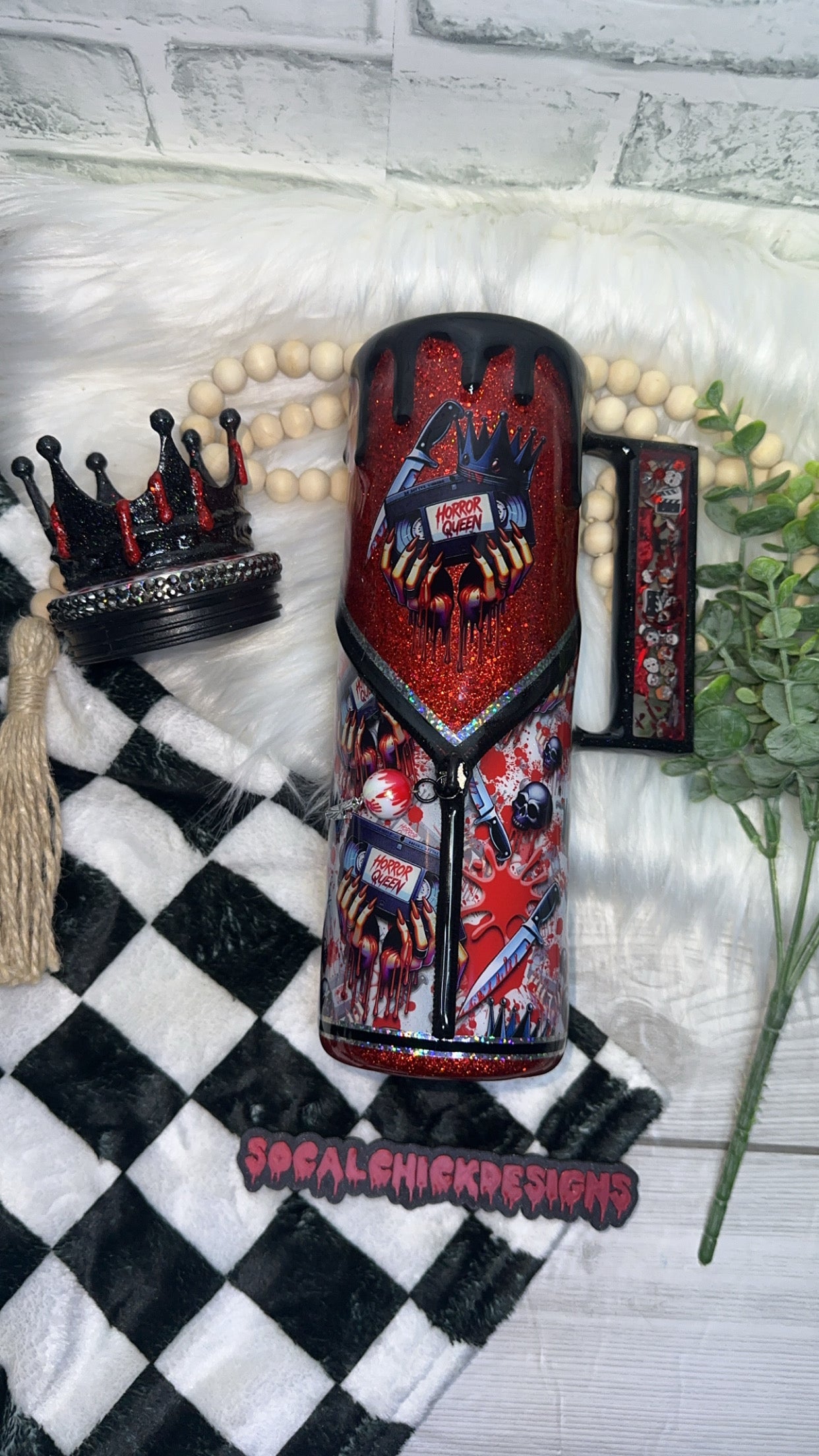 RTS {Horror Queen Zipper, Charm, Snow Globe Handle & Bling Lid & Crown Topper} 30oz Skinny Slurp