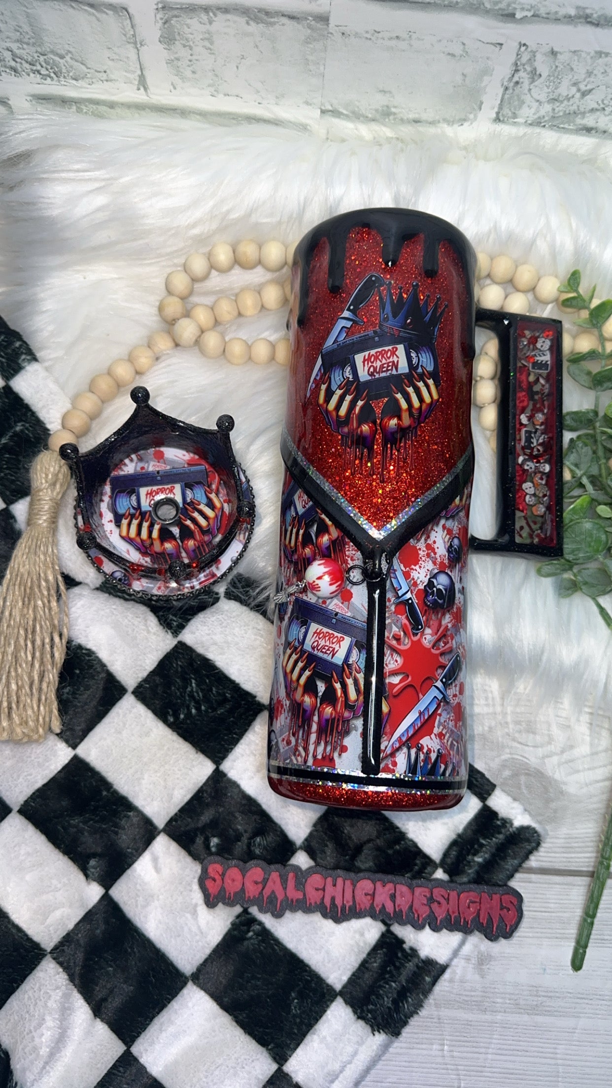 RTS {Horror Queen Zipper, Charm, Snow Globe Handle & Bling Lid & Crown Topper} 30oz Skinny Slurp