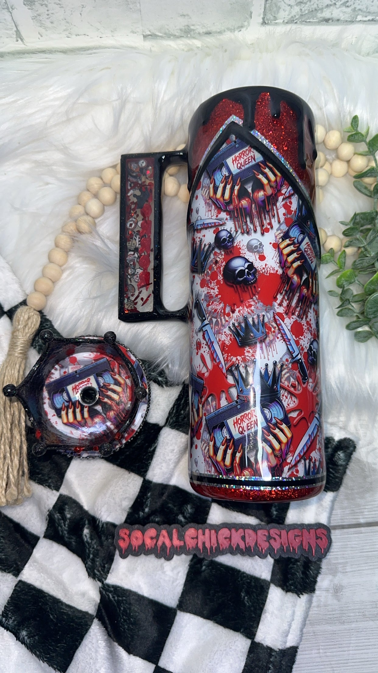 RTS {Horror Queen Zipper, Charm, Snow Globe Handle & Bling Lid & Crown Topper} 30oz Skinny Slurp