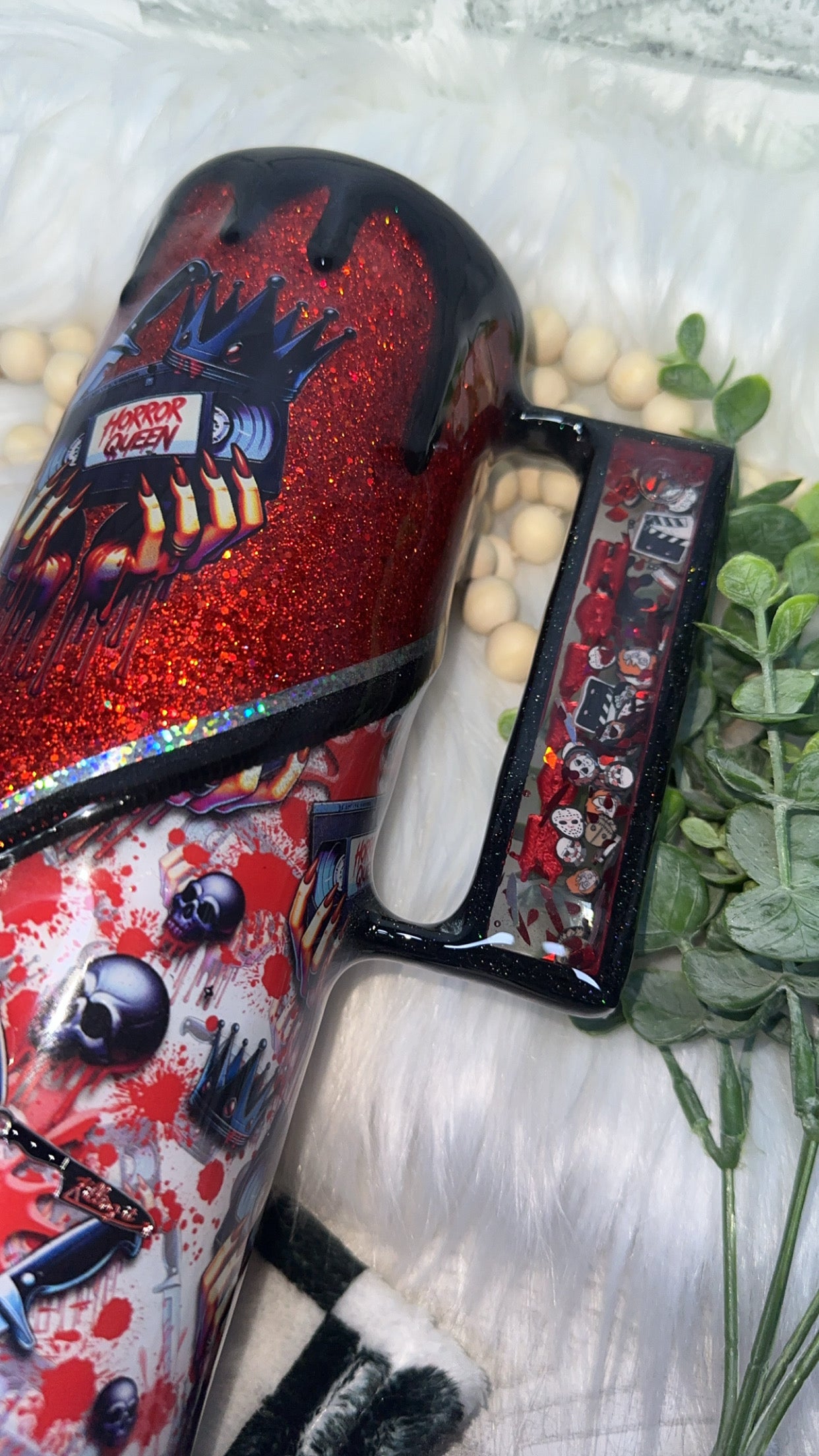 RTS {Horror Queen Zipper, Charm, Snow Globe Handle & Bling Lid & Crown Topper} 30oz Skinny Slurp