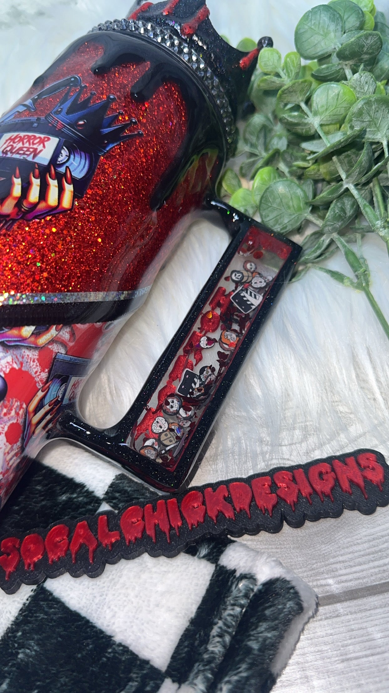 RTS {Horror Queen Zipper, Charm, Snow Globe Handle & Bling Lid & Crown Topper} 30oz Skinny Slurp