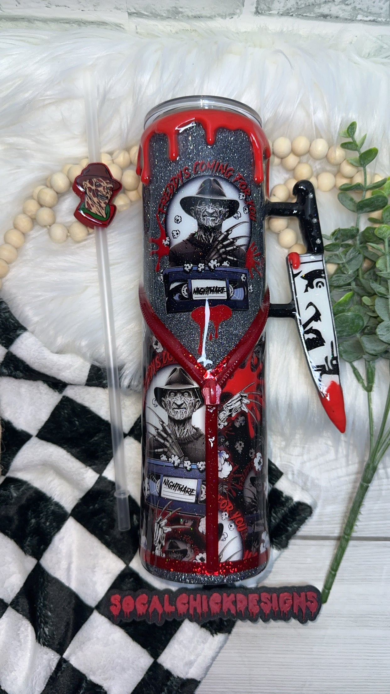 MTO {Freddy's Coming For You with Snow Globe Bottom & Knife Handle} Select Your Tumbler Style