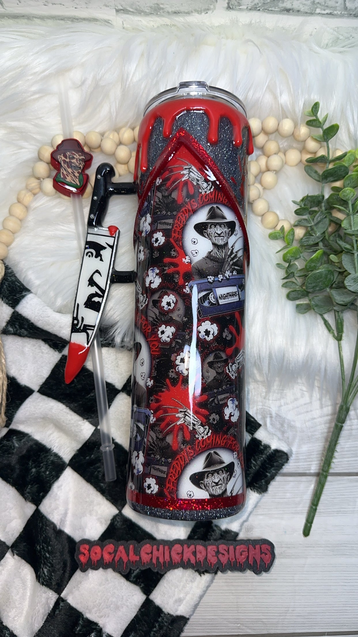 MTO {Freddy's Coming For You with Snow Globe Bottom & Knife Handle} Select Your Tumbler Style