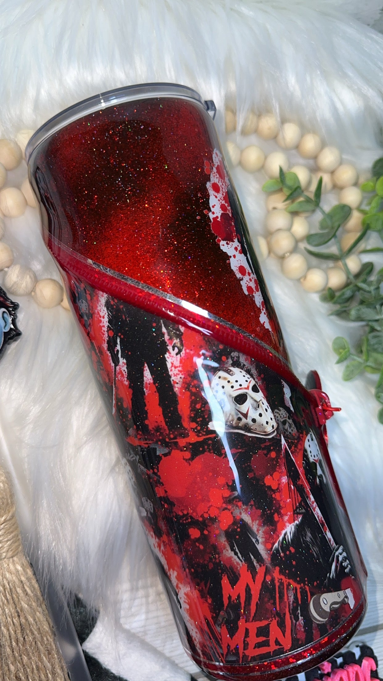 RTS {My Men -Jason & Michael Zipper Tumbler, Charm & Snow Globe Bottom} 24oz Skinny