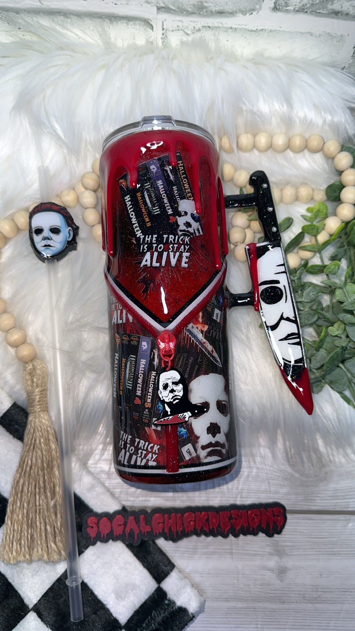 RTS {Michael Movies Zipper Tumbler with Charm, Knife Handle, Drip & Snow Globe Bottom} 24oz Skinny