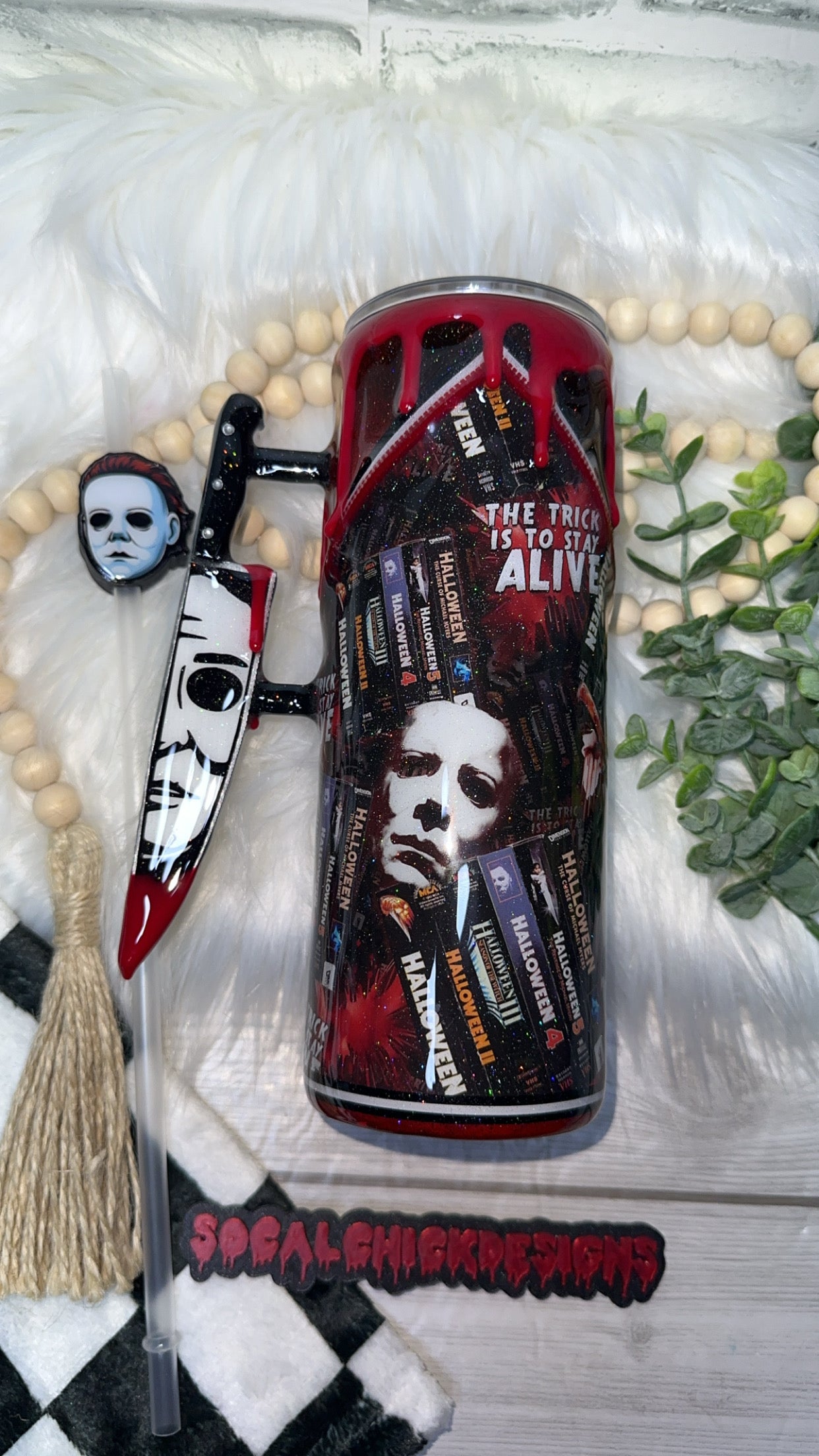 RTS {Michael Movies Zipper Tumbler with Charm, Knife Handle, Drip & Snow Globe Bottom} 24oz Skinny