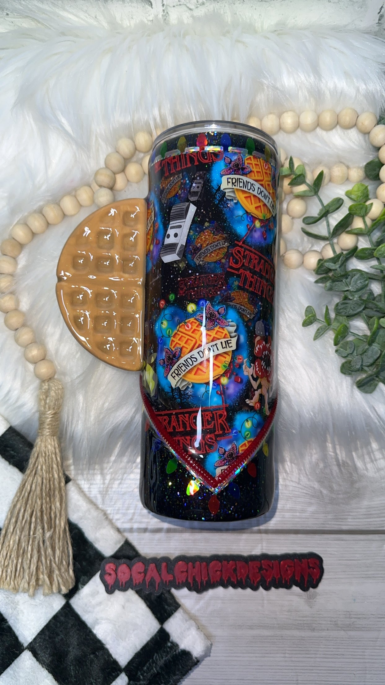 RTS {Friends Don't Lie Zipper Tumbler with Charm, Waffle Handle & Snow Globe Bottom} 24oz Skinny