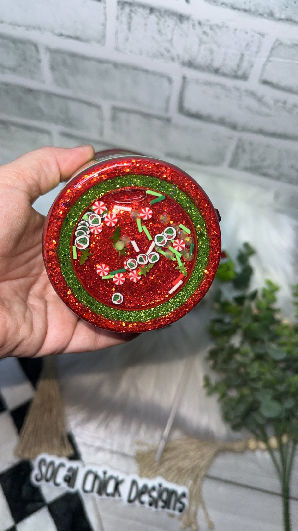 RTS {RED Naughty? Who Me?! Zipper Tumbler with Charm, Peeking Handle, Drip & Snow Globe Bottom} 24oz Skinny