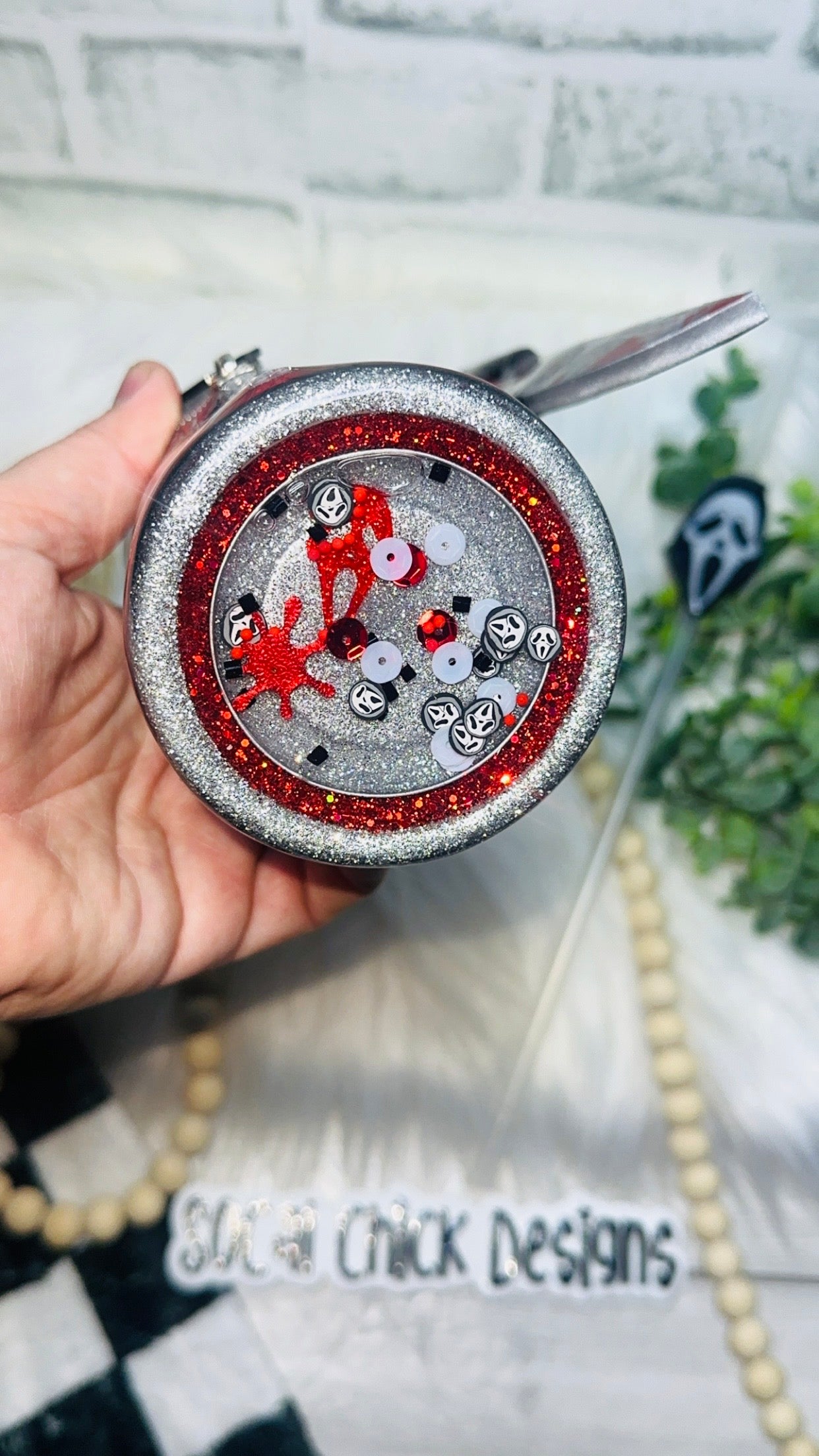 RTS {GF Scream For Me Zipper Tumbler with Charm, Knife Handle, Drip & Snow Globe Bottom} 24oz Skinny