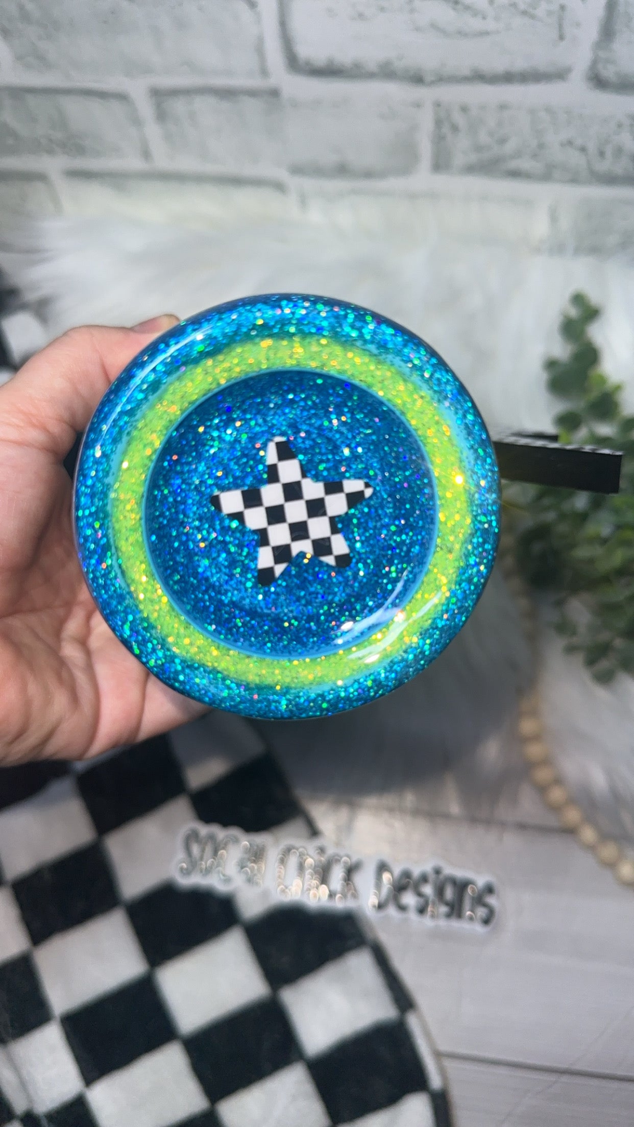 RTS {Just A Good Mama Who Says Bad Words- Blue with Checkered Bolt Handle} 32oz Skinny