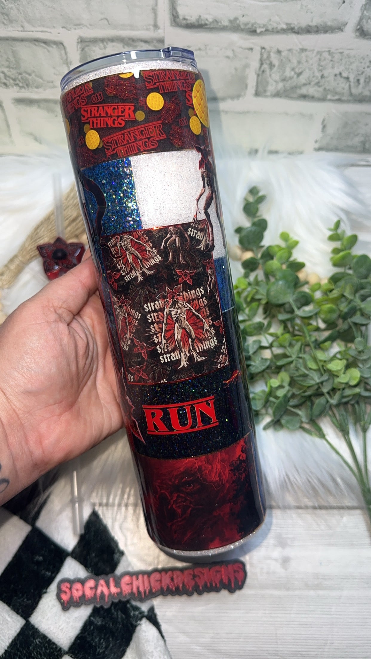 RTS {Welcome To Hawkins Patchwork with Vine Handle & Snow Globe Bottom} 32oz Skinny
