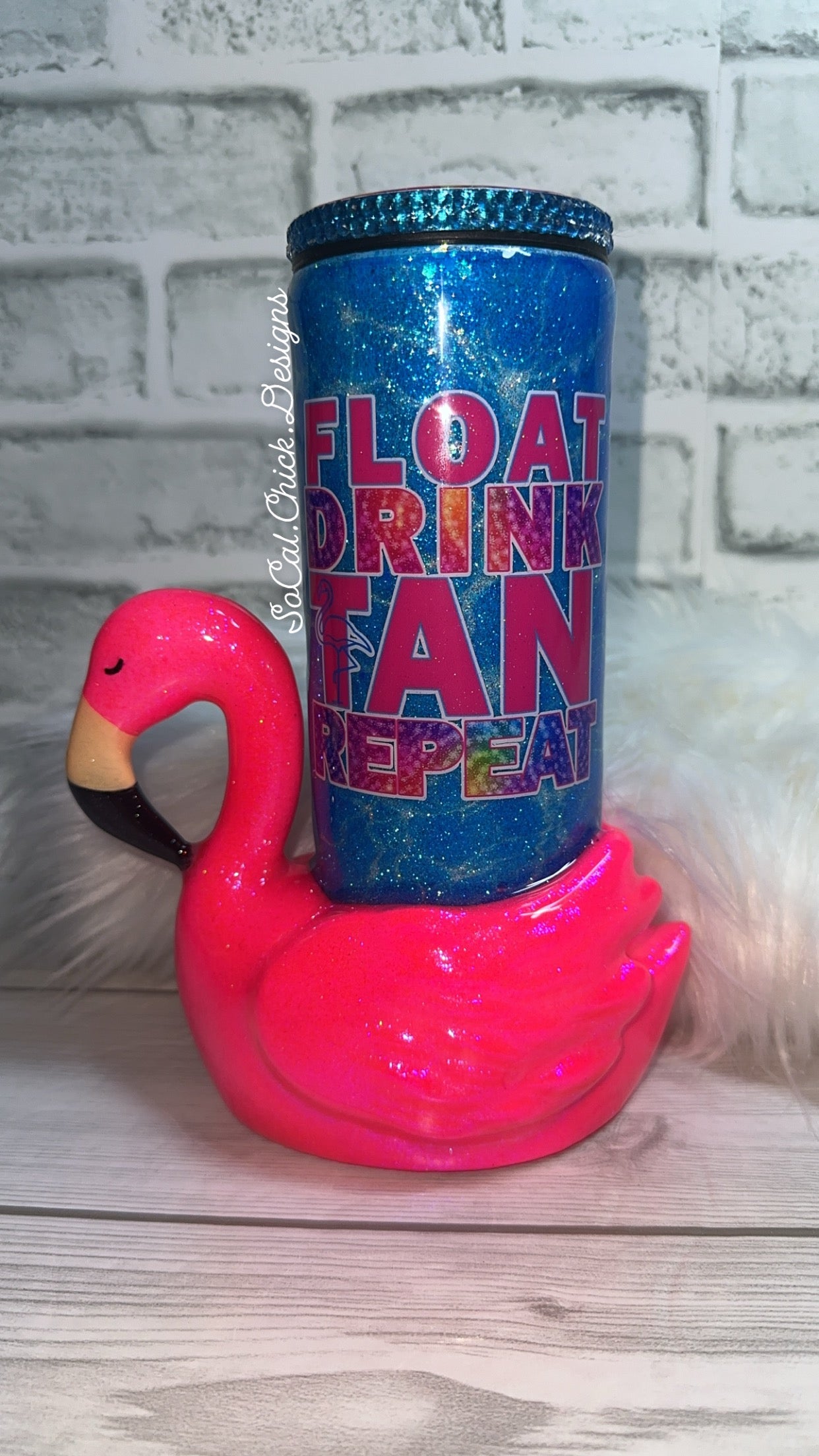 RTS {Float Drink Tan Repeat - 3D Flamingo w Bling Lid} 20oz Skinny Slurp