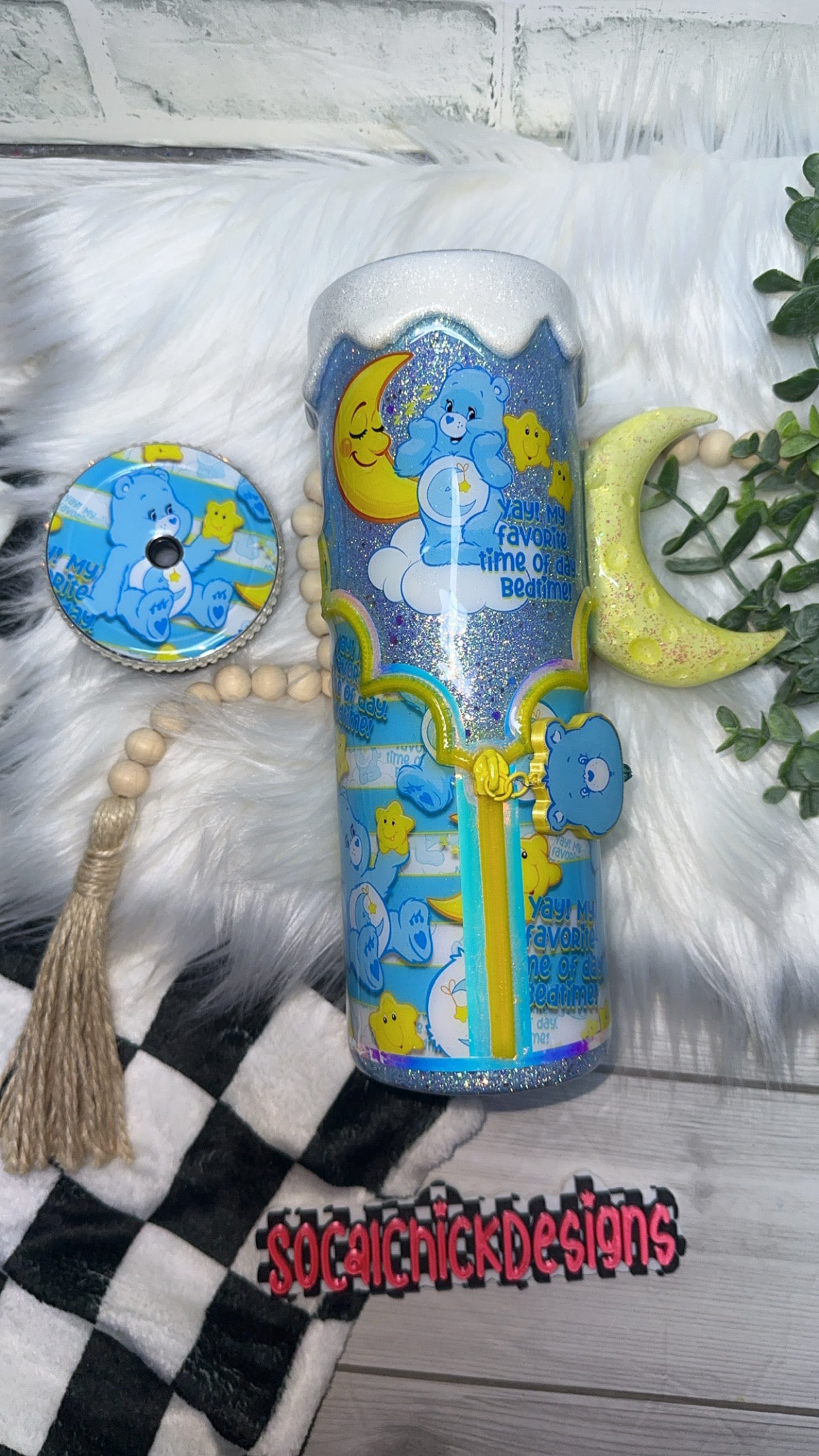 MTO {Bedtime Bear Zipper Tumbler with Charm, Moon Handle & Bling Lid} Select Your Tumbler Style
