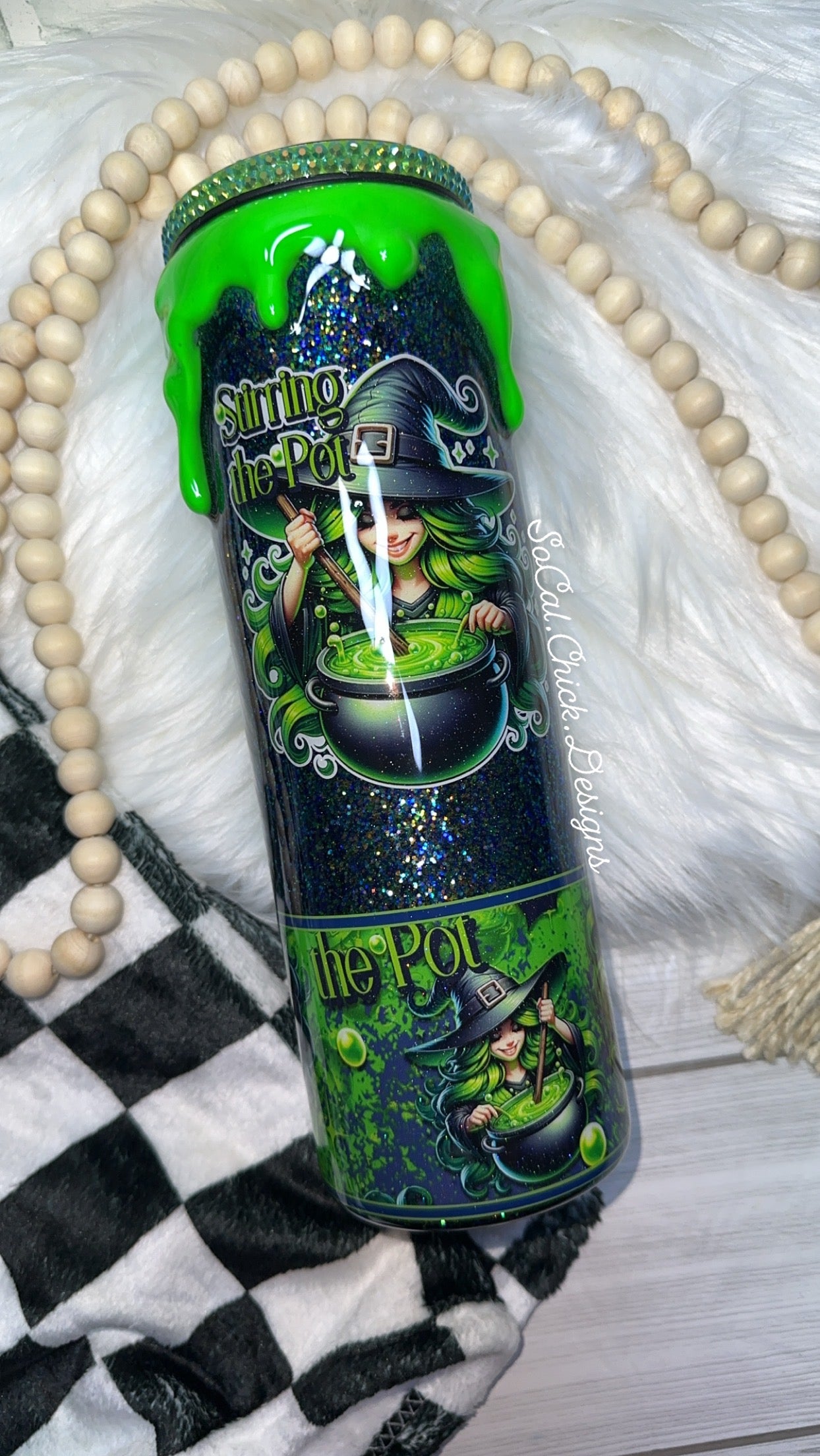 RTS {Stirring The Pot w Bubble Slime Drip & Rhinestone Lid} 30oz Skinny Slurp