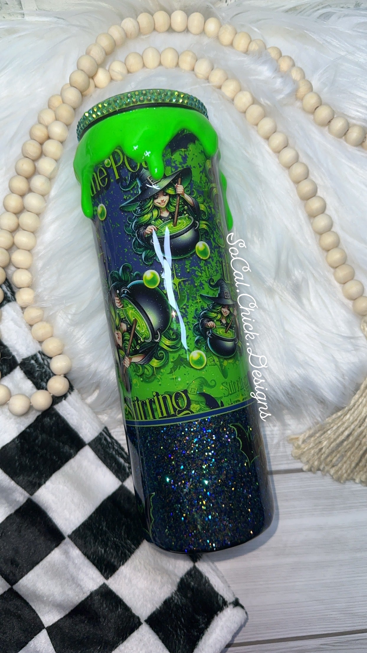 RTS {Stirring The Pot w Bubble Slime Drip & Rhinestone Lid} 30oz Skinny Slurp
