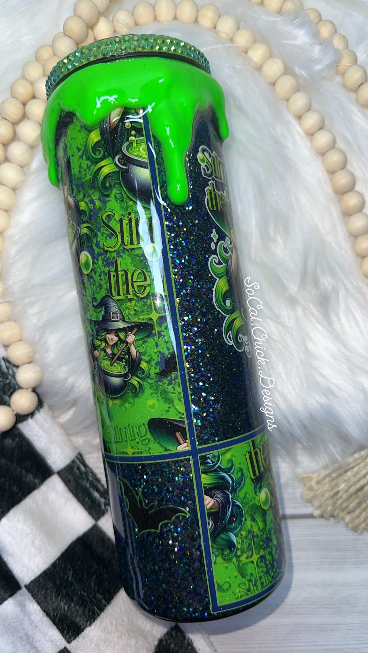 RTS {Stirring The Pot w Bubble Slime Drip & Rhinestone Lid} 30oz Skinny Slurp