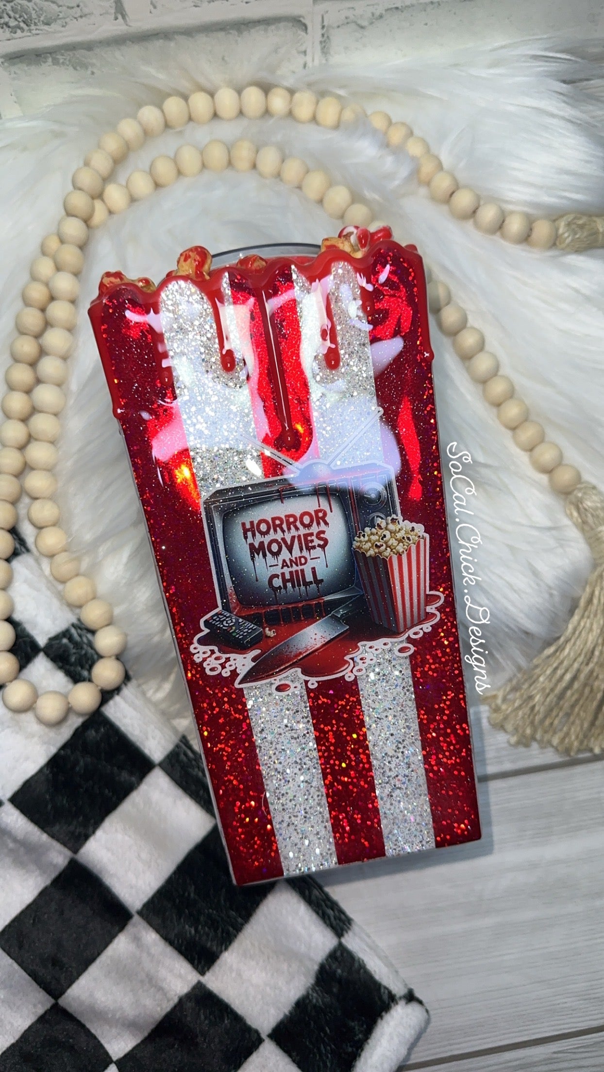 RTS {Horror Movies & Chill (Red) 3D Popcorn Bucket w Faux Popcorn & Blood Drip} 24oz Skinny