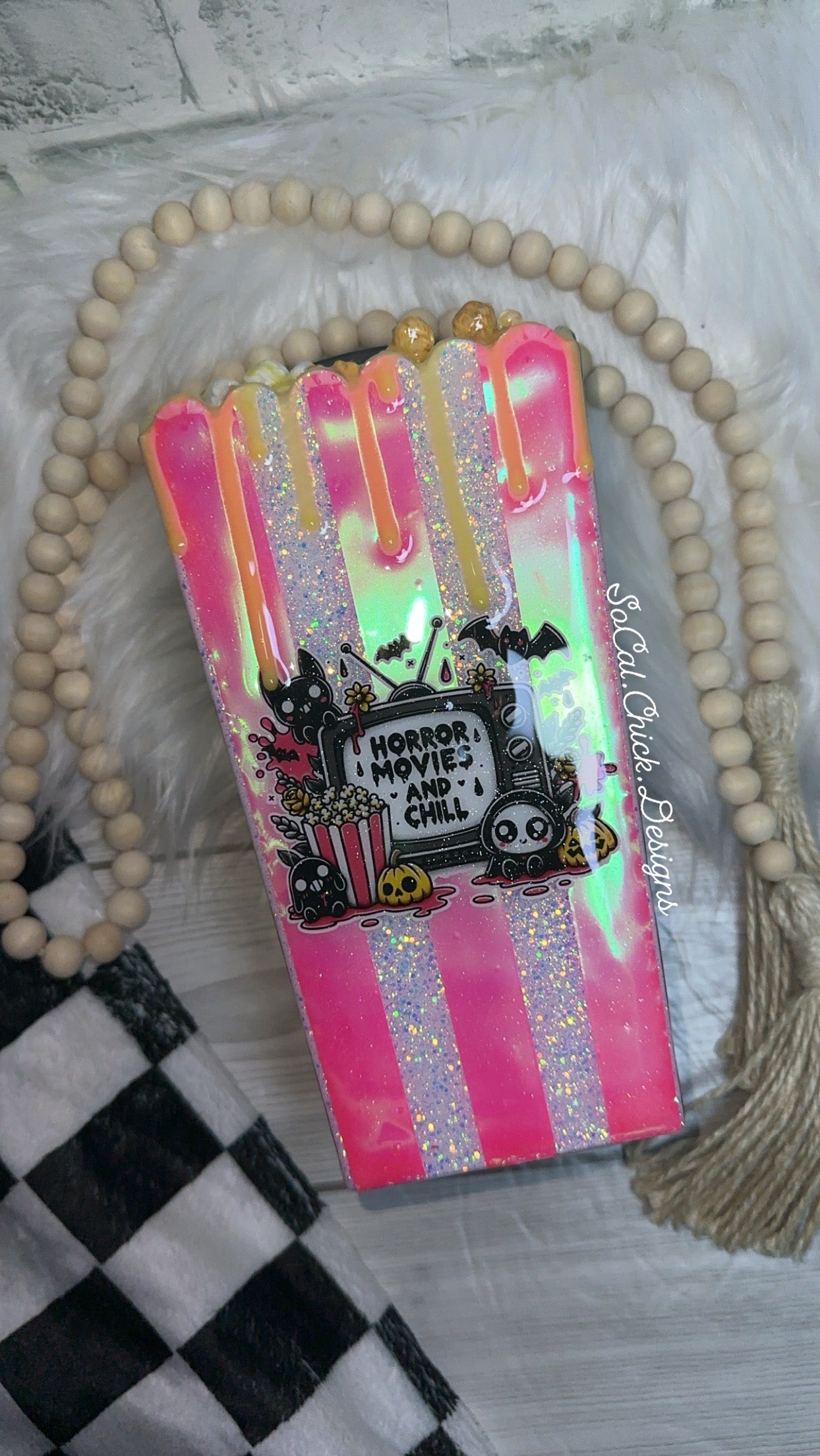 RTS {Horror Movies & Chill (Pink) 3D Popcorn Bucket w Faux Popcorn & Butter Drip} 24oz Skinny