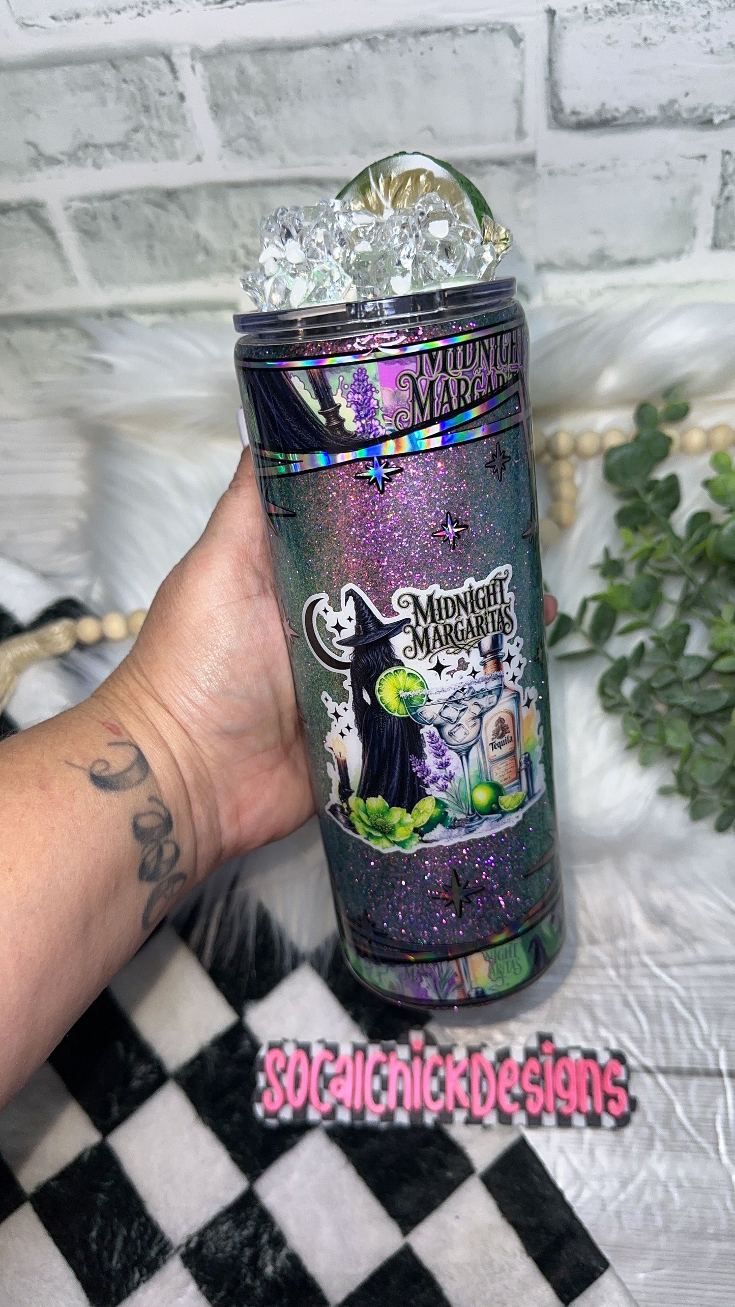 RTS {Midnight Margaritas with SnowGlobe Bottom} 24oz Skinny