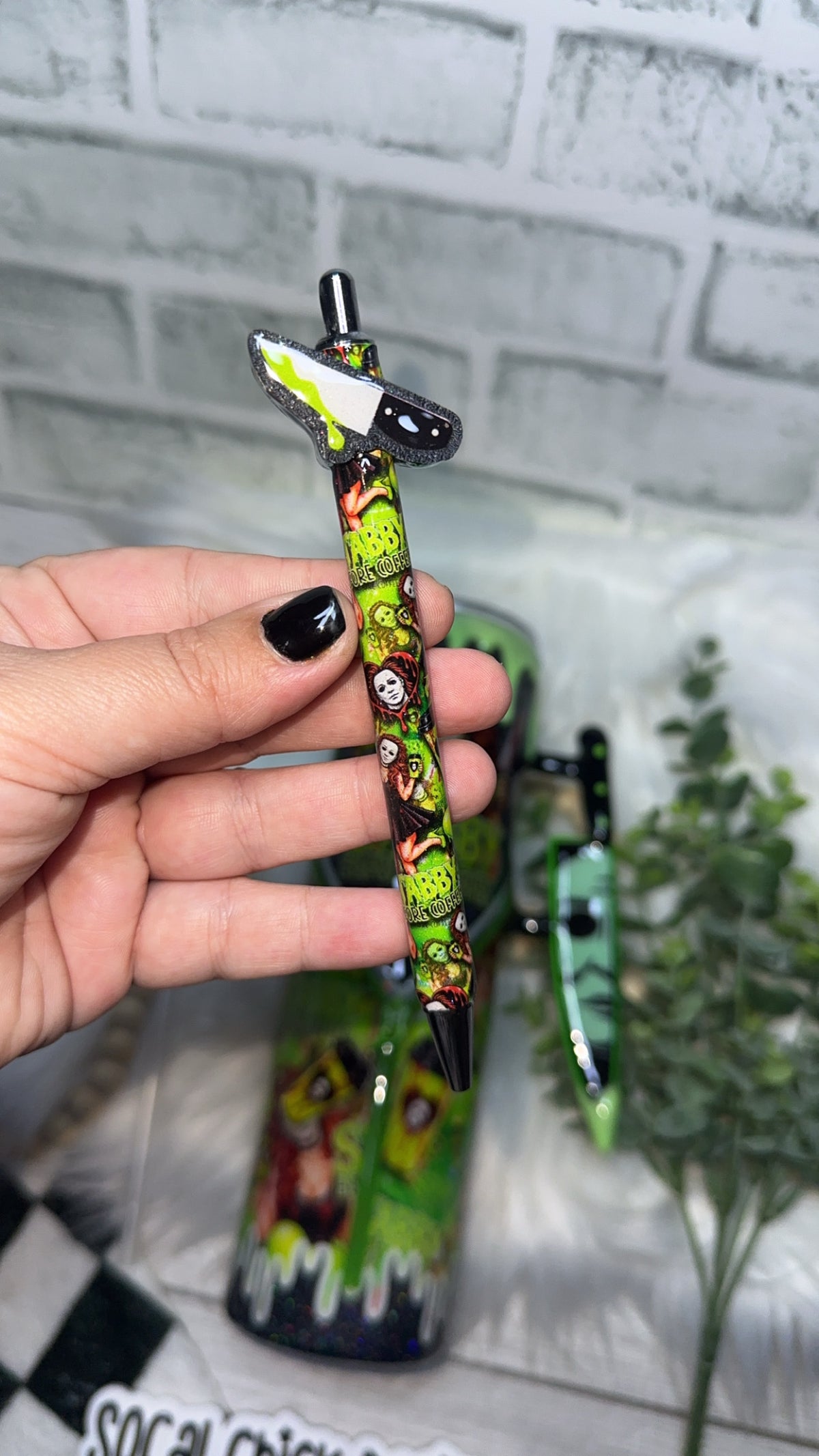 RTS {Stabby Before Coffee (MikeM Girl), Zipper & Charm, w Knife Handle, SnowGlobe Bottom, GLOW Drip & Matching Pen w Pen Topper} 32oz Skinny