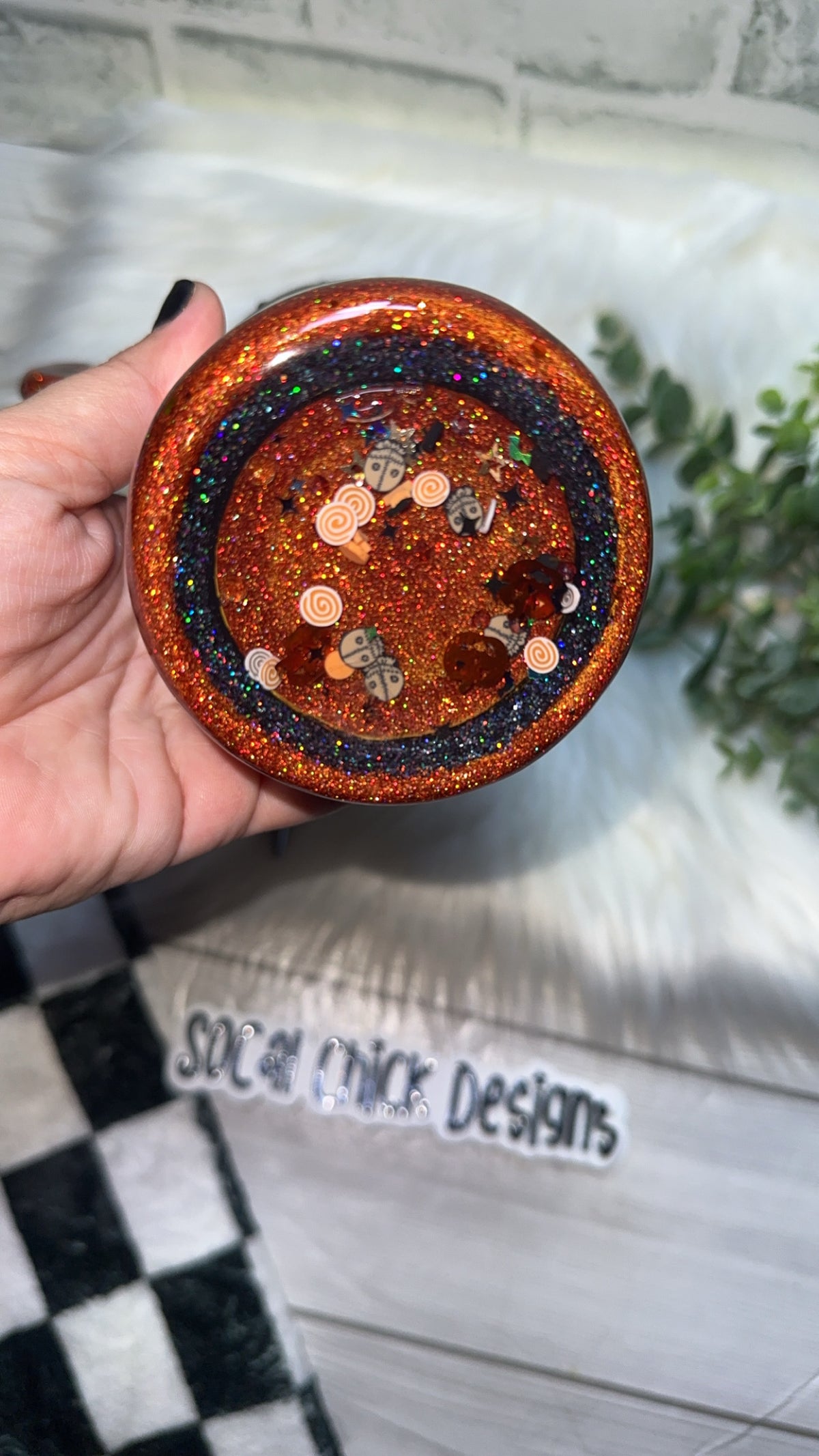 RTS {Trick R Treat- Pumpkin S with Zipper, Charm, Sucker Handle, Snow Globe Bottom and Drip} 24oz Skinny