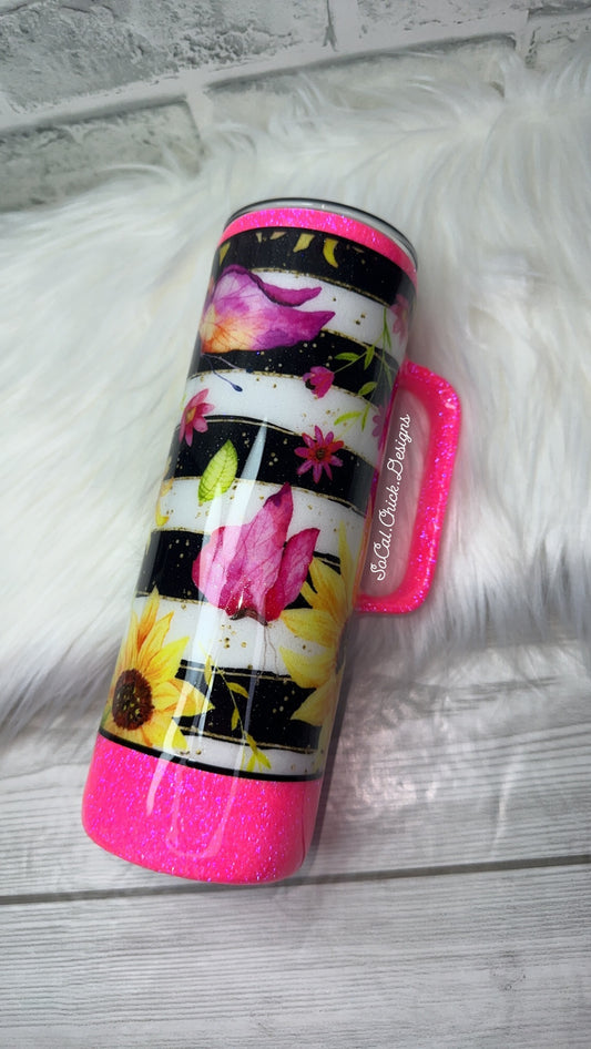 RTS {Stripes & Sunflowers Hot Pink} 20oz Skinny Handle