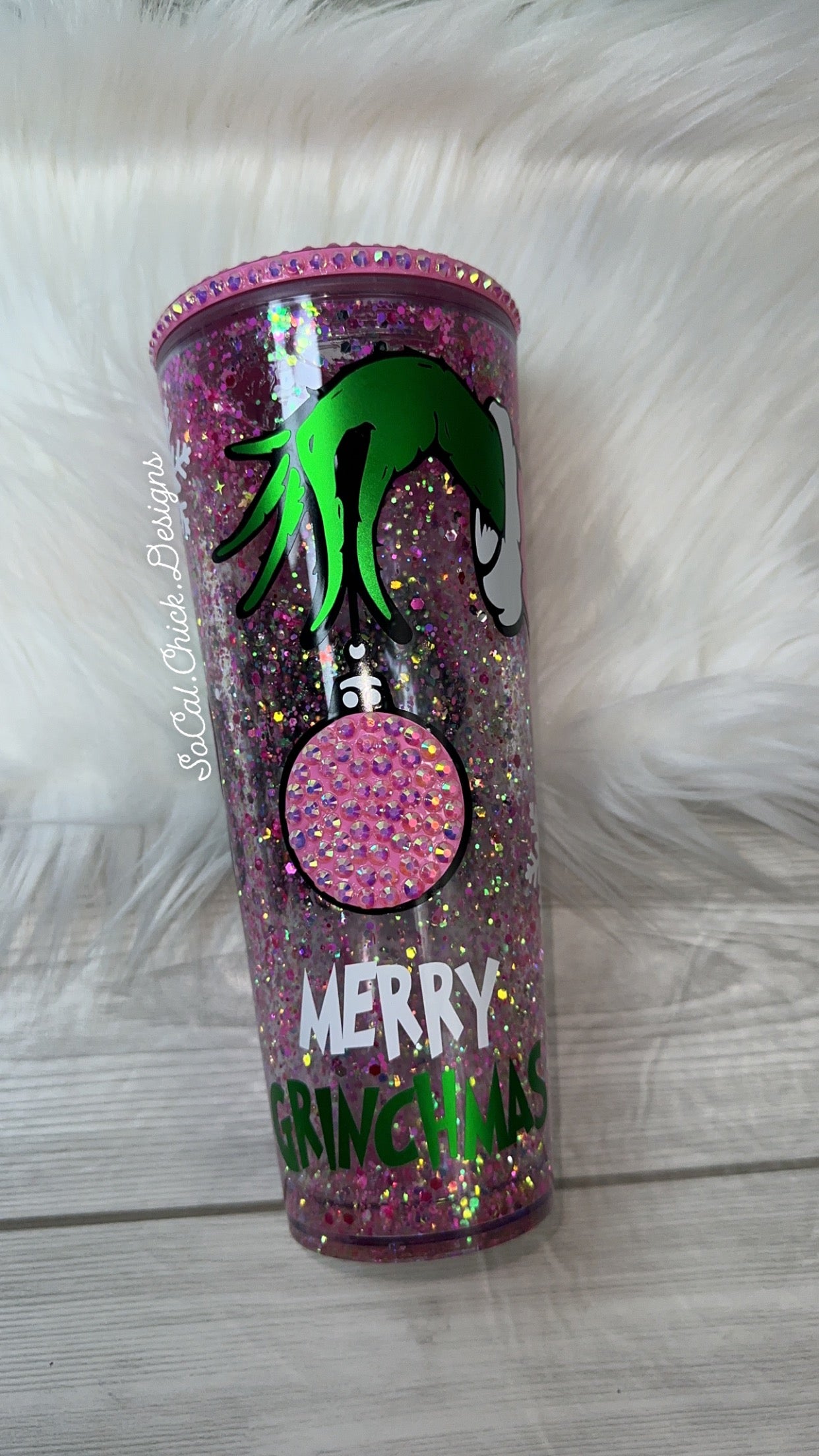RTS {Merry Mean One - Pink Rhinestone Lid/Ornament} 24oz Snow Globe Tumbler