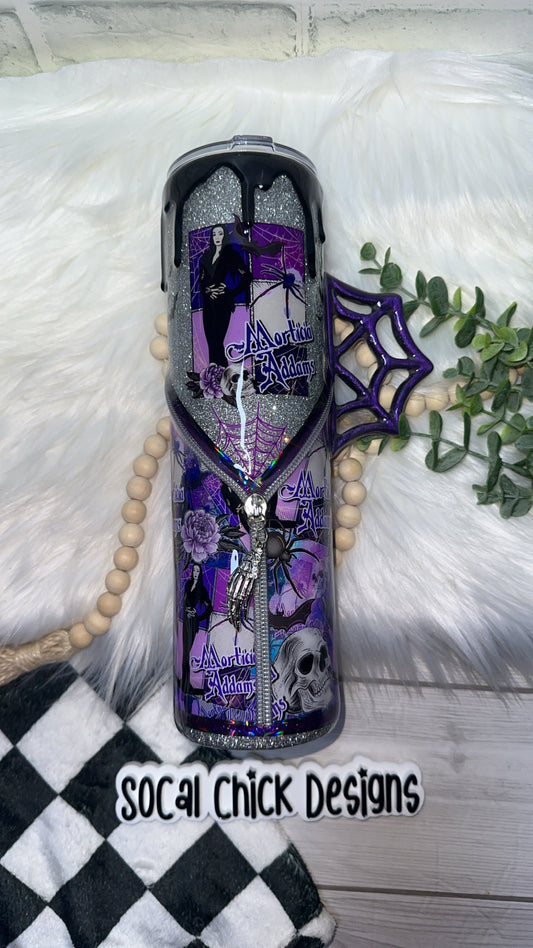RTS {Mrs. Addams, Zipper & Charm, Web Handle, Drip & SnowGlobe Bottom} 32oz Skinny