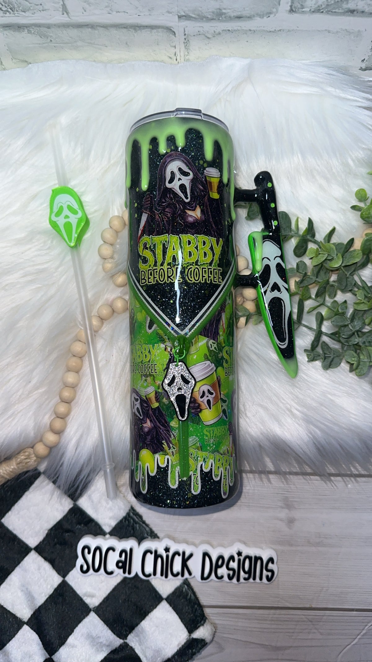 RTS {Stabby Before Coffee, Zipper & Charm, Knife Handle, GLOW Drip & SnowGlobe Bottom} 32oz Skinny