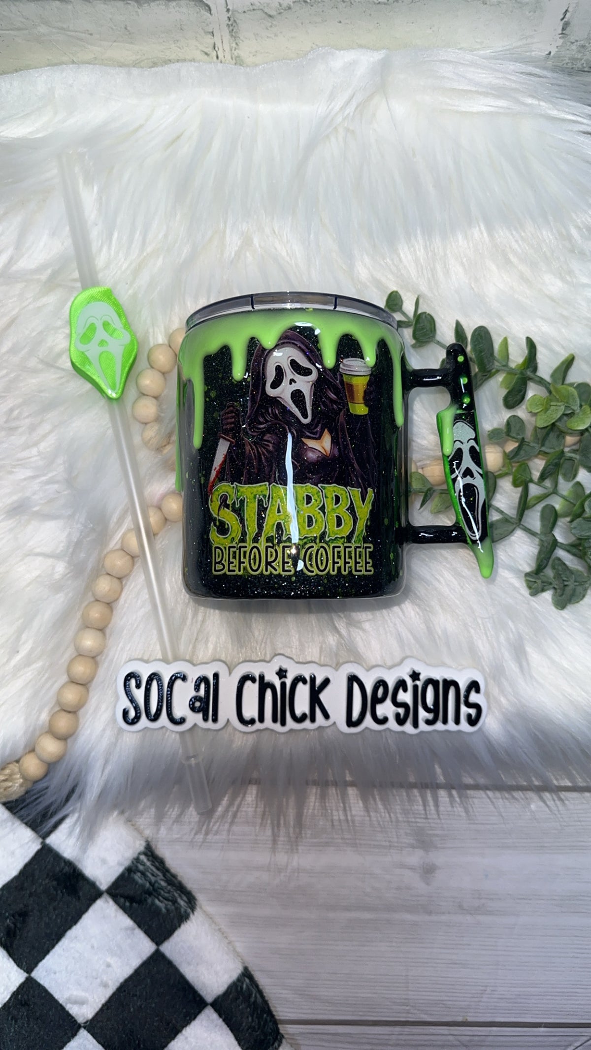 RTS {Stabby Before Coffee w Mini Knife Handle, Glow Drip & SnowGlobe Bottom} 12oz Mug