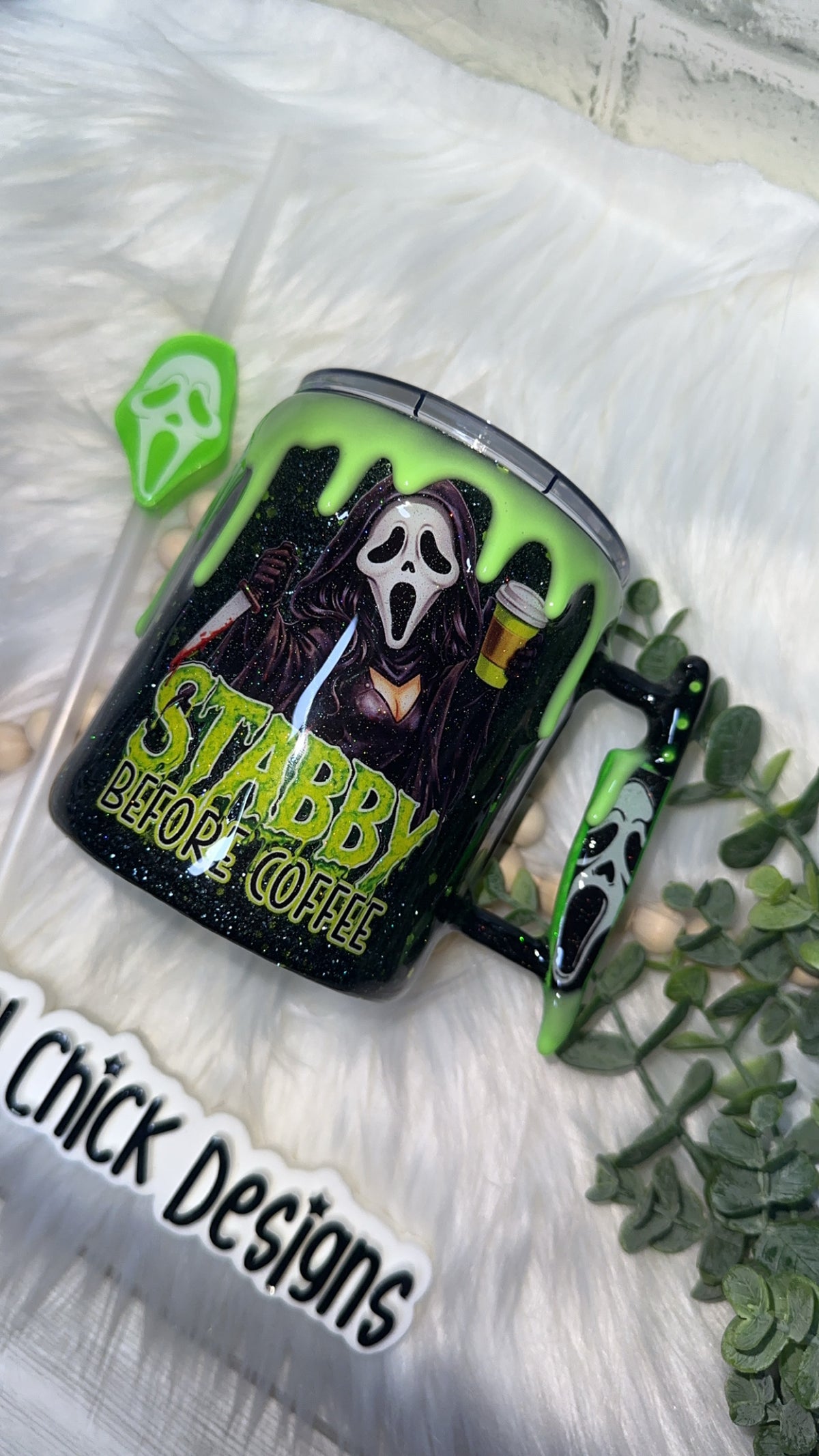 RTS {Stabby Before Coffee w Mini Knife Handle, Glow Drip & SnowGlobe Bottom} 12oz Mug